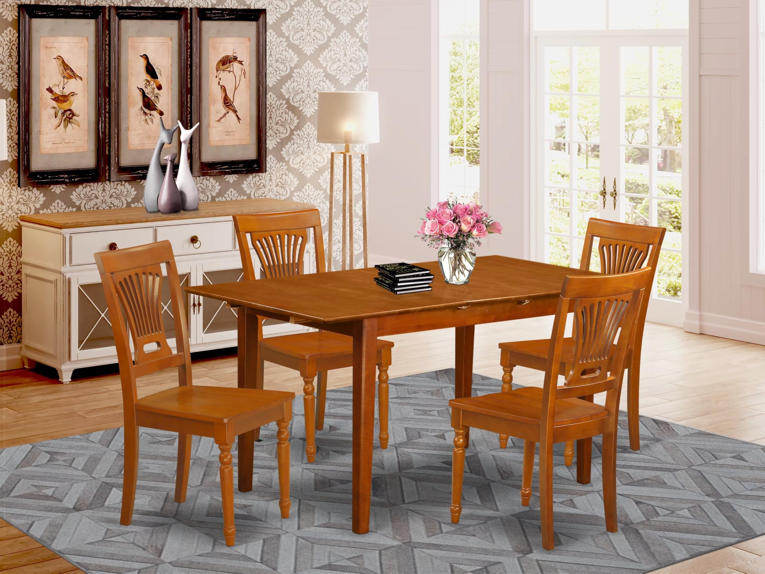 East West Furniture PSPL5-SBR-W 5 Piece Modern Dining Table Set Includes a Rectangle Wooden Table with Butterfly Leaf and 4 Dining Chairs, 32x60 Inch, Saddle Brown