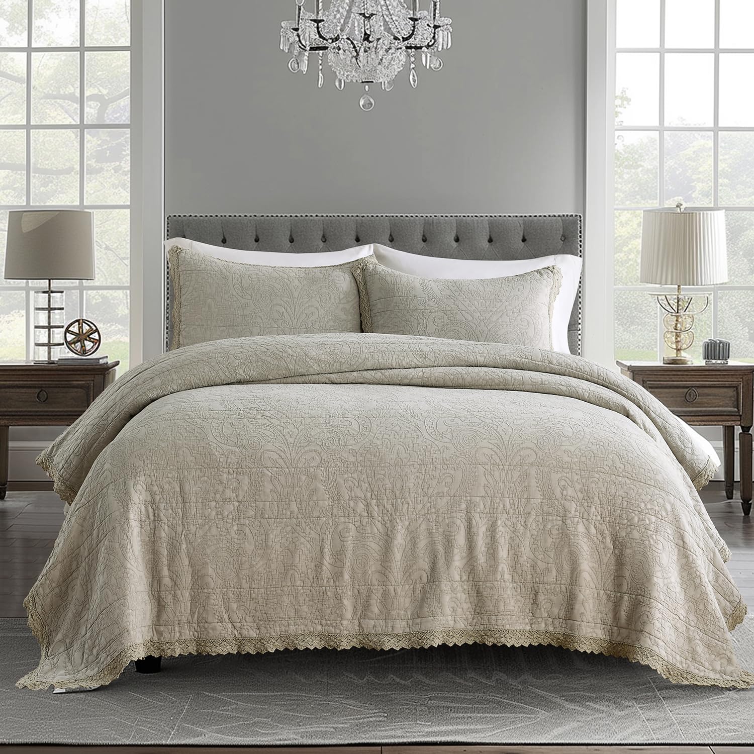Horimote Home Stone-Washed Cotton Quilt King Size, Beige Jacquard Embossed Quilt Shabby Vintage Farmhouse Bedspread Coverlet Wit