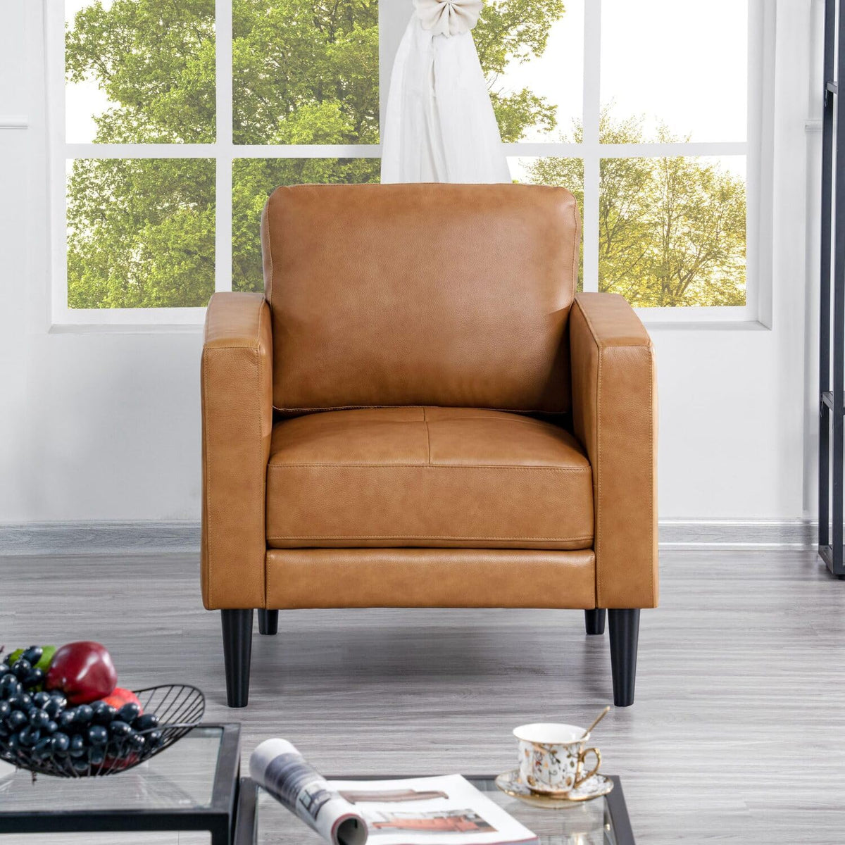 Naomi Home Marisa Genuine Leather Couch Upholstered Single Sofa Chair For Living Room - Tan Accent Chair, Real Leather Couch For