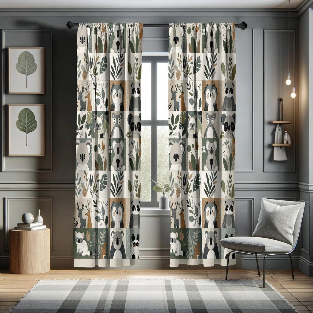 Ambesonne Animals Window Curtains Pack Of 2, Cartoon Woodland Art With Exotic Leaves Koala And Deer Pattern Checkered, Lightweig