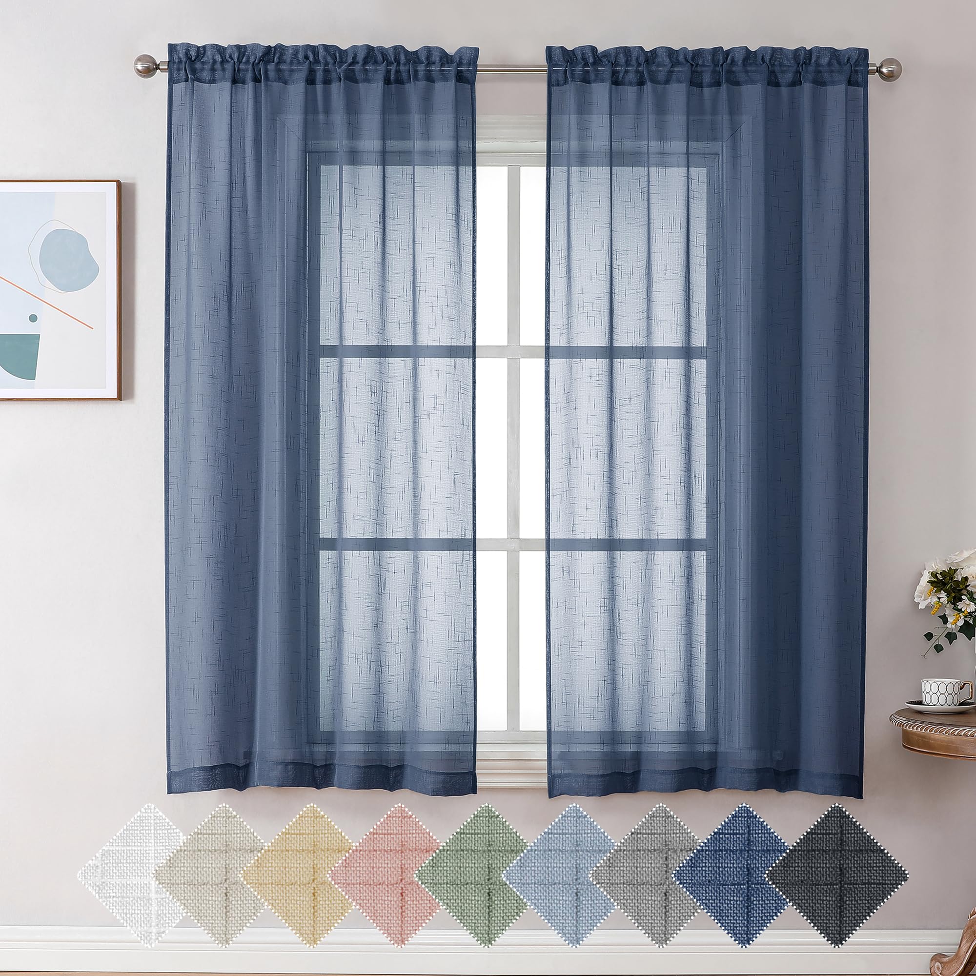 Aiyufeng Kirei Open Linen Weave Flax Textured Navy Blue Sheer Window Curtains 63 Inches, Medium Long Privacy Semi-Transparent Sh