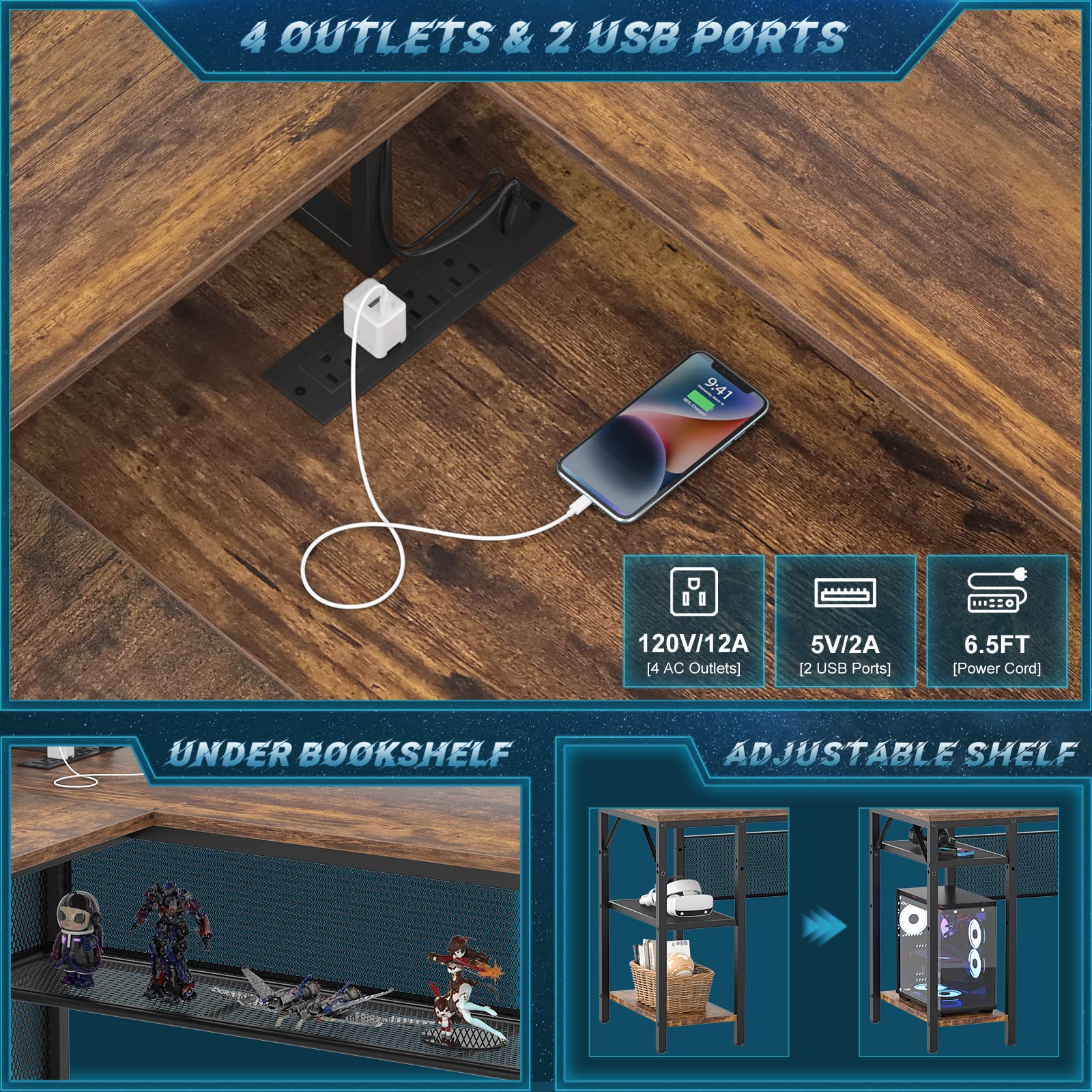 Unikito L Shaped Desk With Led Light And Power Outlet, Reversible Corner Computer Table With Monitor Stand And Storage Shelf, Modern L- Shaped Gaming Desk, Ergonomic Home Office Desk, Rustic Brown