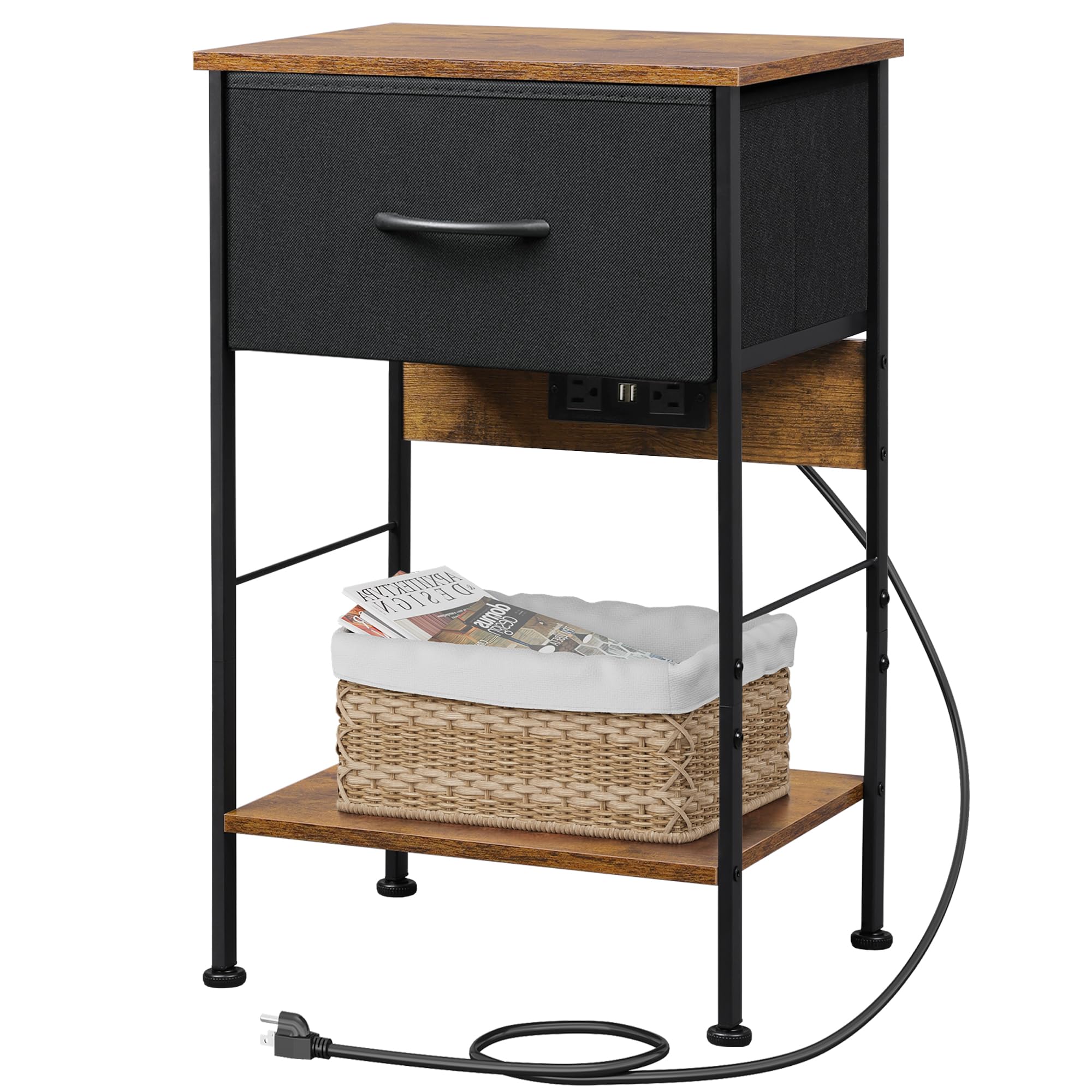 WLIVE Nightstand with Charging Station, Night Stand with 1 Fabric Drawer and Open Shelf, 25 H Bed Side Table for Bedroom, End Ta