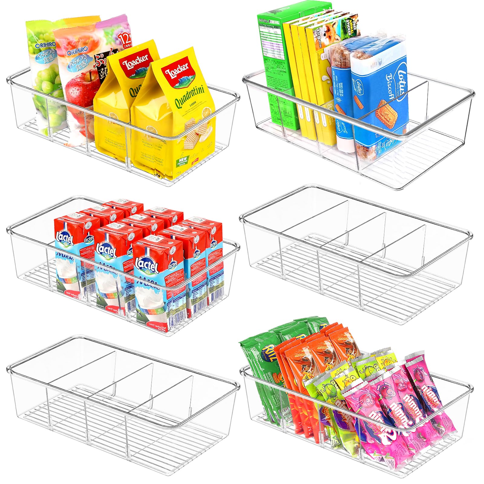 ZIZOTI 6 Pack Food Storage Organizer Bins Clear Plastic Removable Snack Organizer Pantry Organization Storage Racks with 3 Divid