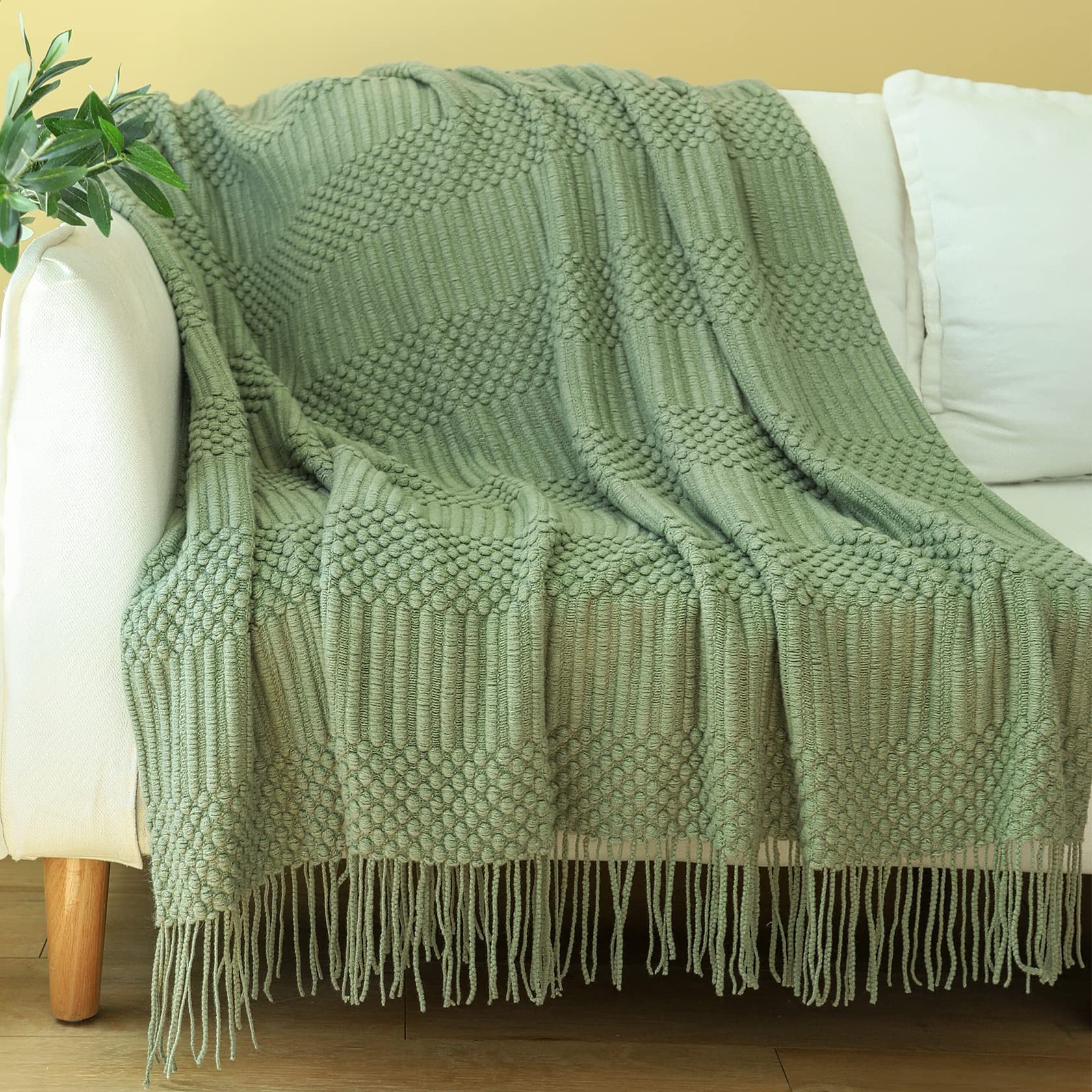 Blagic Knitted Throw Blanket For Couch, Bed And Sofa. Super Soft Blanket With Tassels, Sage Green Throw Blanket, 50 X 60 Inches