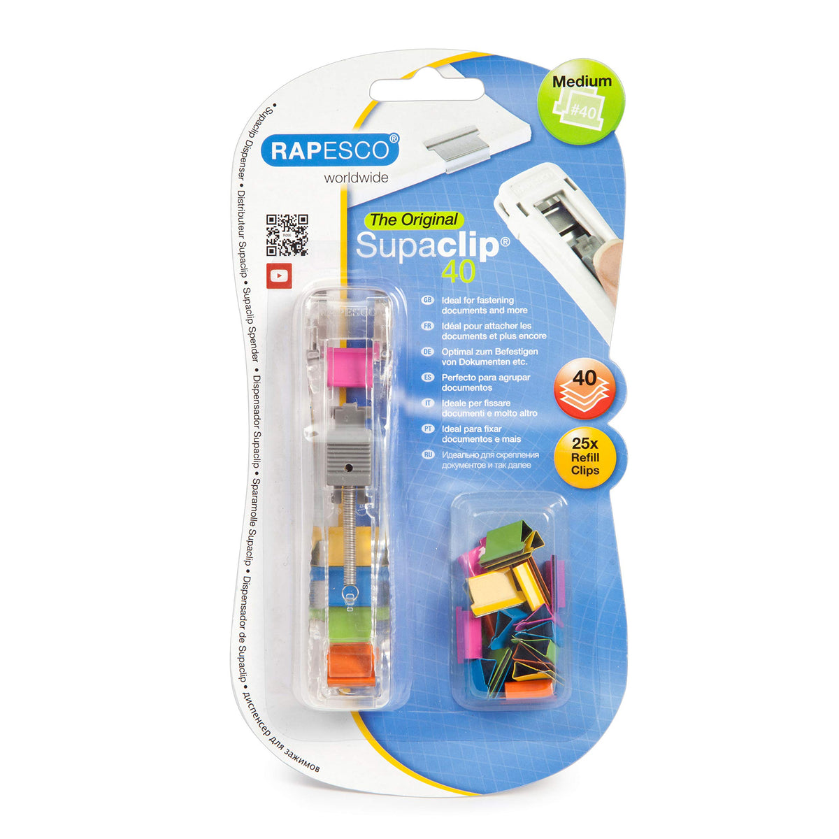 Rapesco Supaclip #40 Dispenser With 25 Multicoloured Refill Clips (Rc4025Mc)