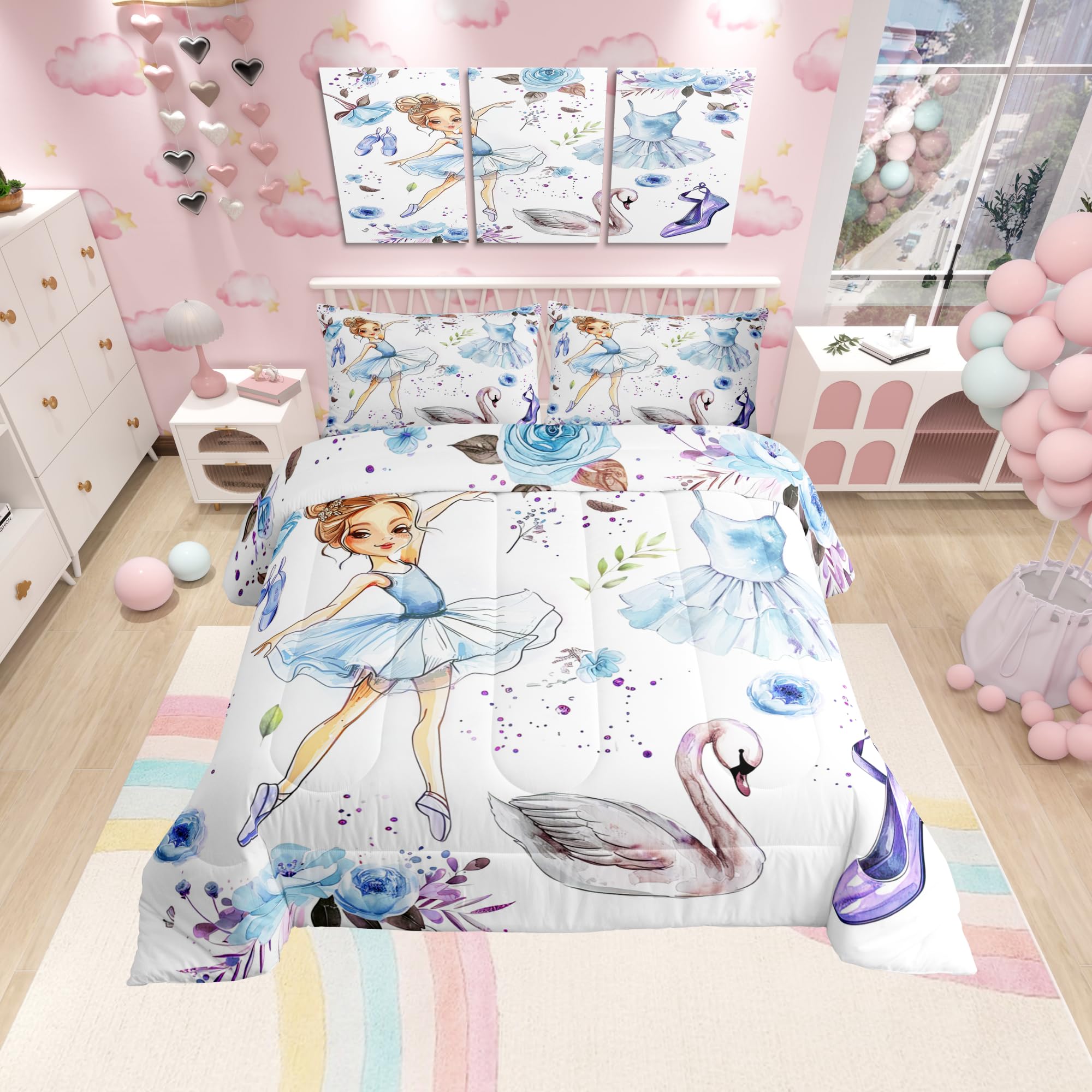 Manfei Ballet Dance Girl Comforter Set For Boys Girls,Dreamy Swan Watercolor Flowers All Season Cozy Bedding Set Full Size,Blue