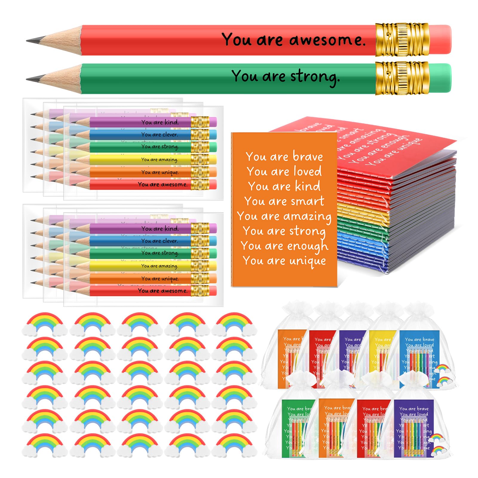 Spakon 24 Sets Back To School Gifts For Students Includes Colorful Inspirational Pencils Cute Rainbow Erasers For Kids Mini Pock