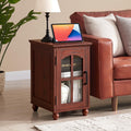 Narrow Side Table,Farmhouse Nightstand with Charging Station,Wood End Table with Glass Barn Door Storage, Cabinet Organizer with