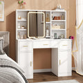 knoworld Vanity Desk with Sliding Mirror & LED Lights, Smart Makeup Table with Charging Station, Hairdryer Holder, 7 Shelves, 3 