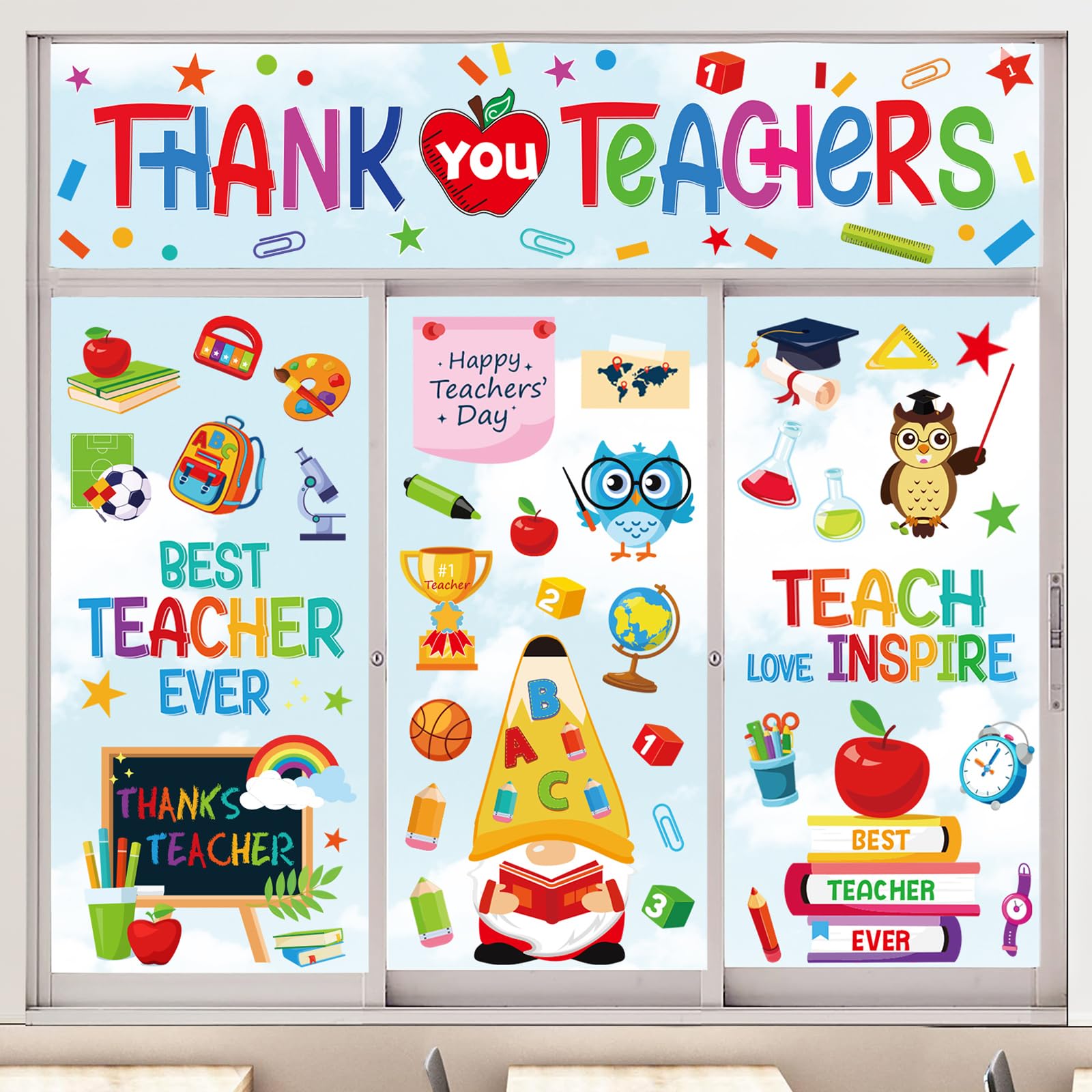 Whaline 9 Sheet 152Pcs Teacher Appreciation Window Clings Cartoon Gnome Owl Apple Window Decals Double-Sided Thank You Teachers 