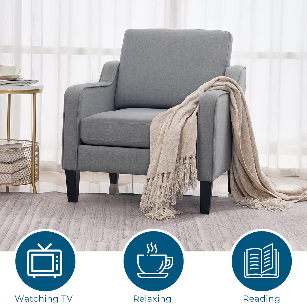 Vingli Mid Century Modern Accent Chair,Light Grey Fabric Chairs For Living Room Upholstered Armchair With Scooped Arms For Bedroom,Apartment,Studio,Office,Waiting Room
