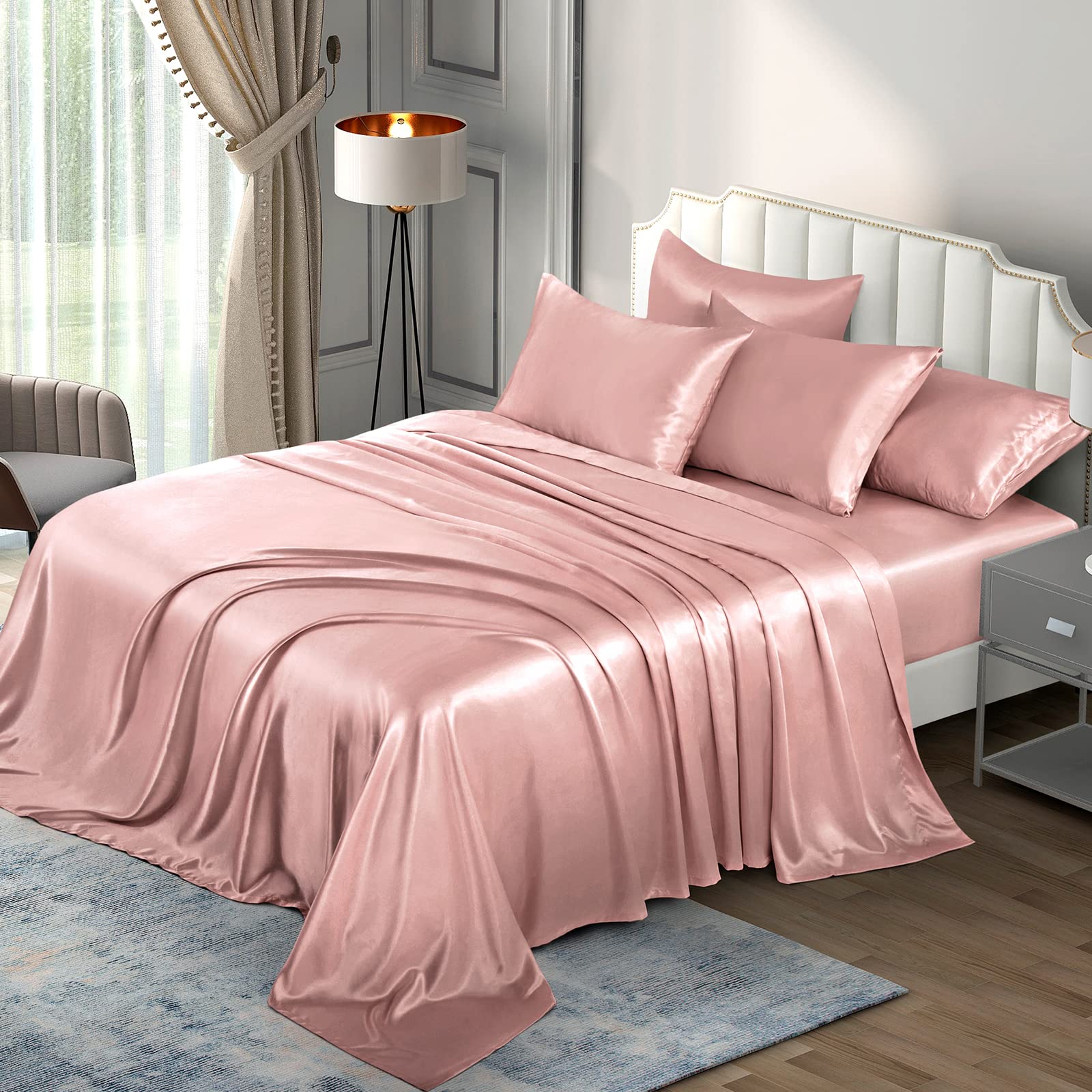 P Pothuiny Satin Sheets King (6 Pieces, Champagne) Luxury Silky Satin Bed Sheets King Bedding Set, Extra Soft Satin Sheet Set, 1