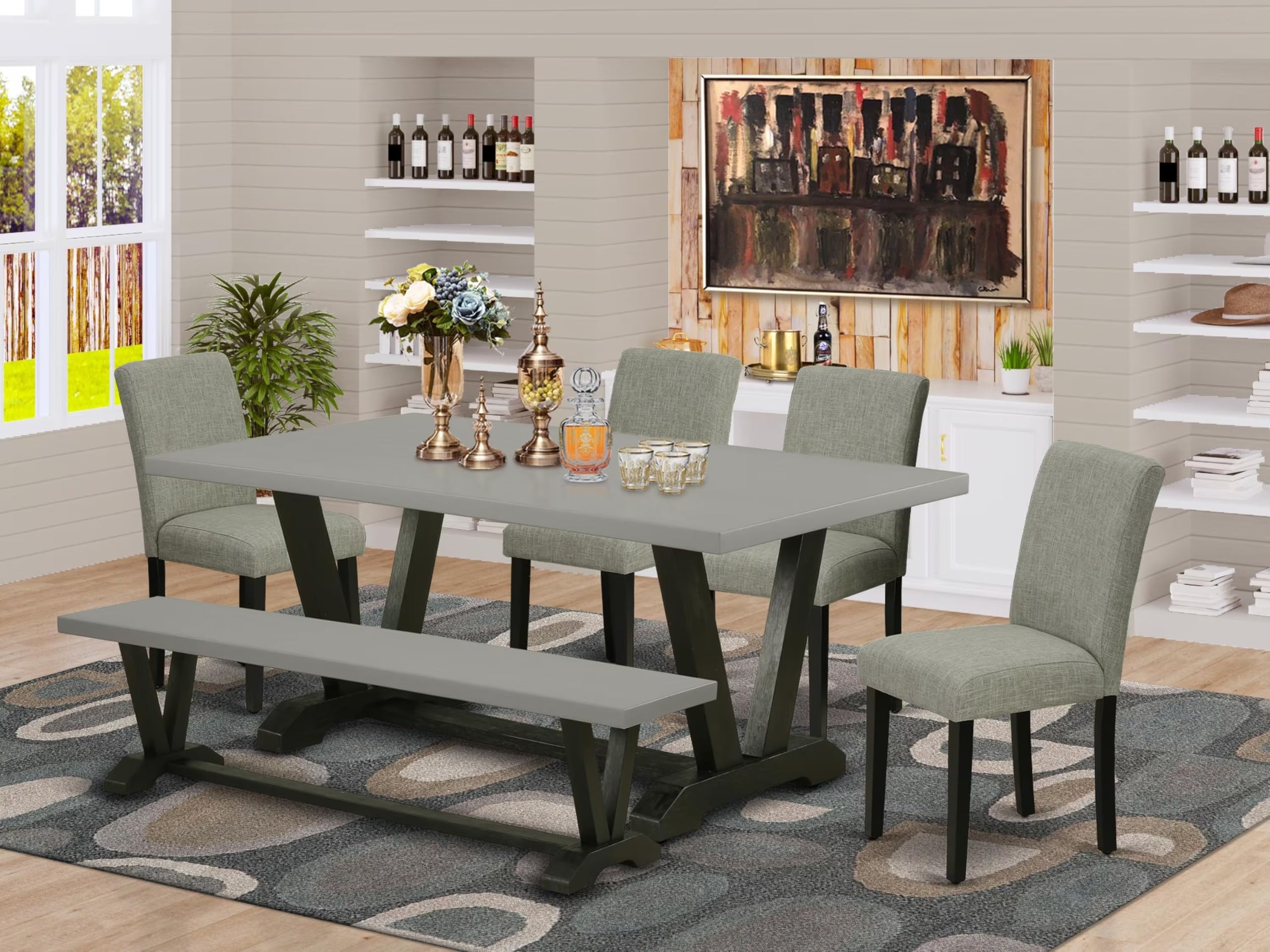 East West Furniture V697Ab106-6 6 Piece Dinette Set Contains A Rectangle Dining Room Table With V-Legs And 4 Shitake Linen Fabric Upholstered Chairs With A Bench, 40X72 Inch, Multi-Color