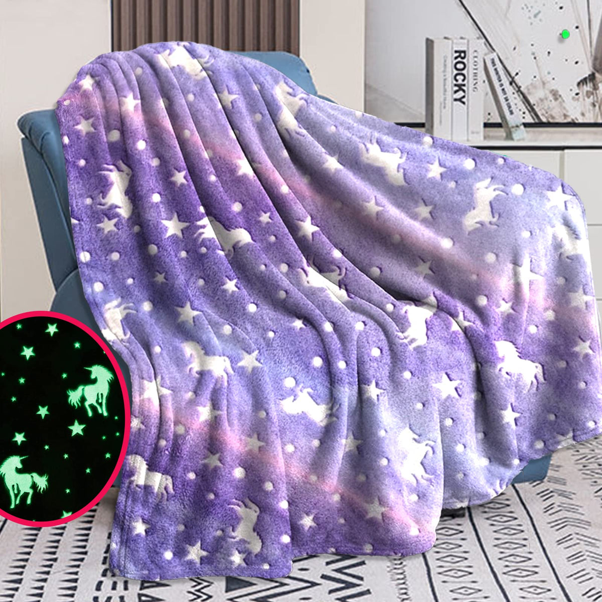 Glow In The Dark Throw Blanket For Kids, Unicorn Super Soft Flannel Blanket For Girls, Best Christmas Birthday Thanksgiving Magi