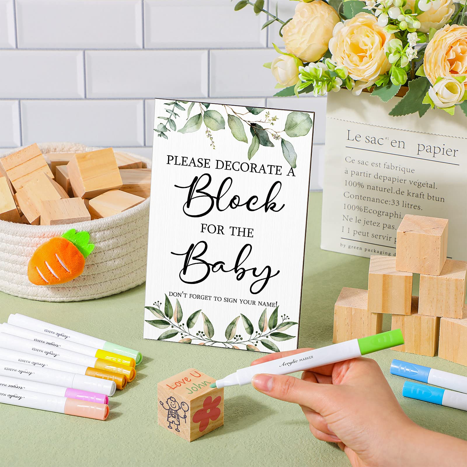 Tatuo 75 Pcs Baby Shower Decorate A Block Games Kit Including Decorate A Block Game Sign 50 Diy Wooden Block 24 Acrylic Paint Ma