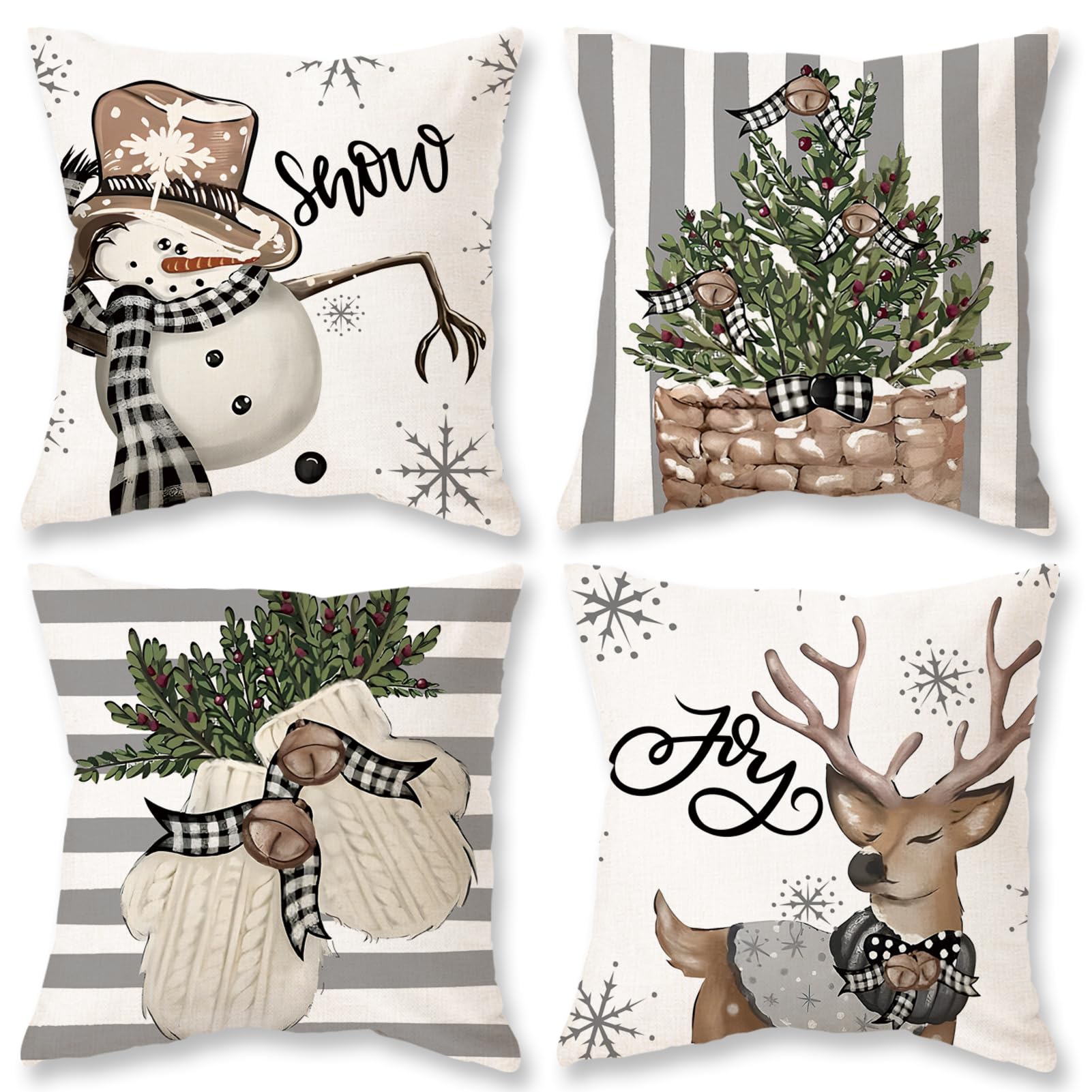 Onway Christmas Stripes Pillow Covers 18X18 Set Of 4 Snowman Reindeer Gloves Throw Pillows Winter Holiday Decoration Cushion Cas