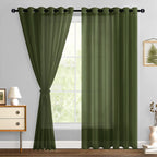 Hiasan Sheer Curtains For Bedroom With Tiebacks, Grommet Light Filtering Extra Wide Voile Texture Window Curtains For Living Room, Kids' Room And Nursery, Olive Green, W70 X L84, 2 Soft Drape Panels