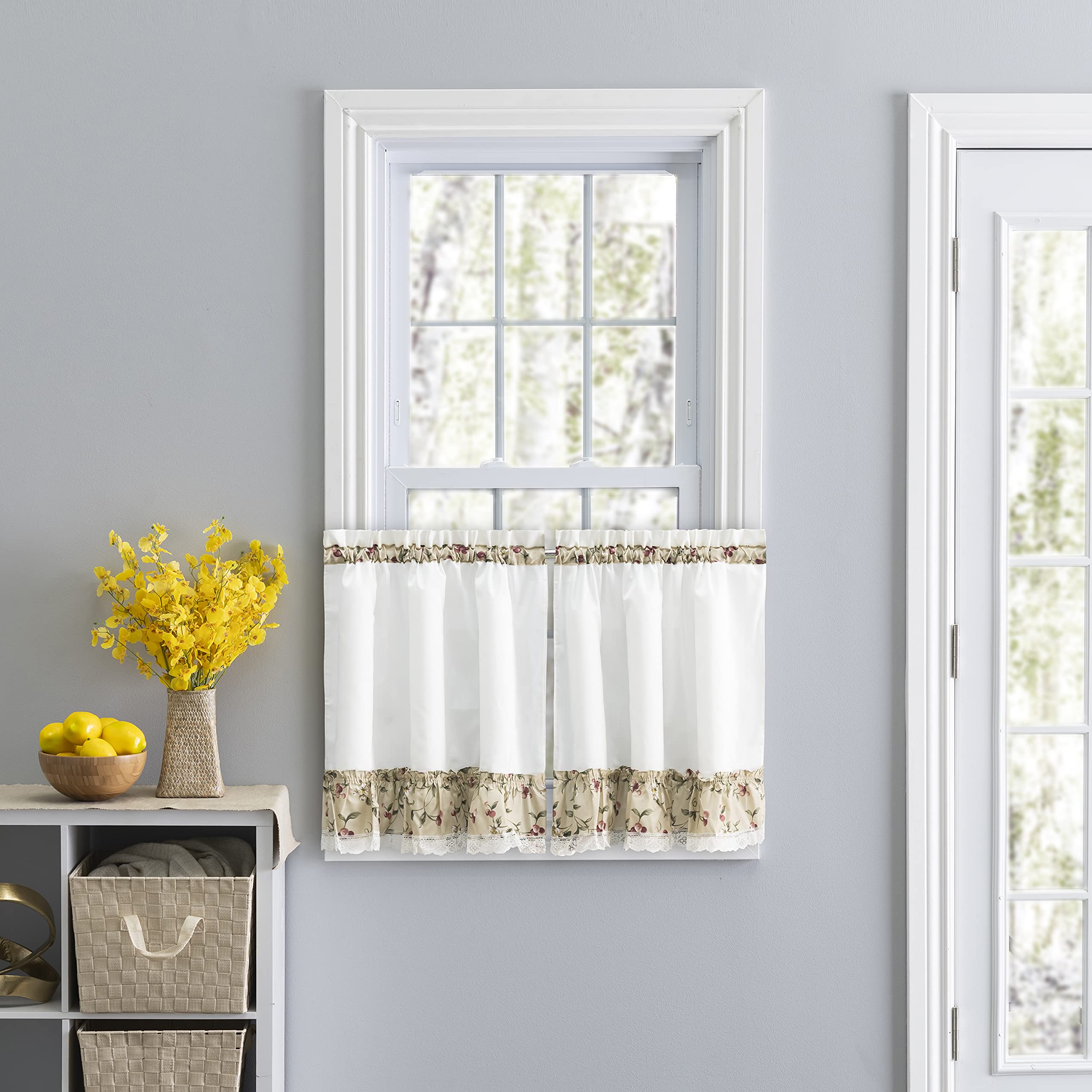Ellis Curtain Kitchen Collection Cherries 58 by 24-Inch Ruffled Tailored Tier Curtains, Natural