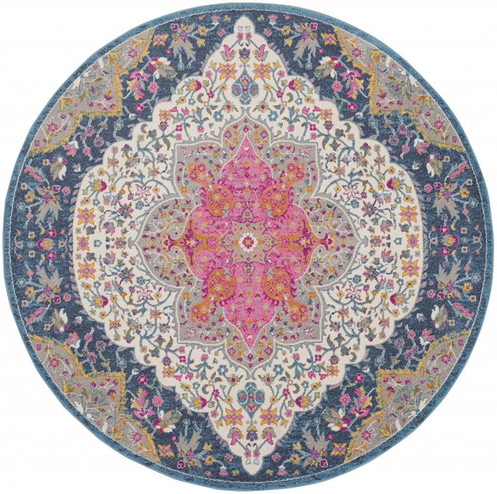 HomeRoots Multicolor 100% Polypropylene 8’ Round Blue and Pink Medallion Area Rug