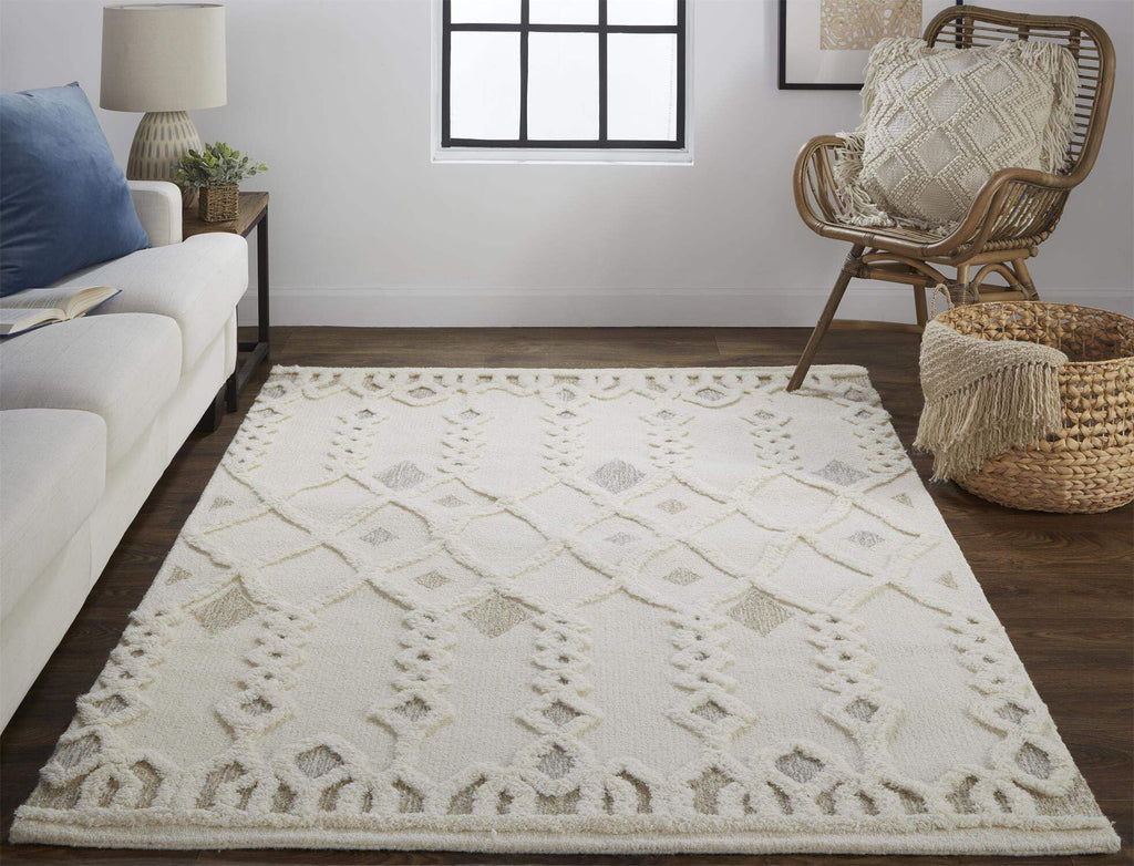 HomeRoots 512805 9 x 12 ft. Ivory Tan & Silver Wool Geometric Hand Tufted Handmade Stain Resistant Rectangle Area Rug