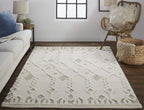 HomeRoots 512805 9 x 12 ft. Ivory Tan & Silver Wool Geometric Hand Tufted Handmade Stain Resistant Rectangle Area Rug