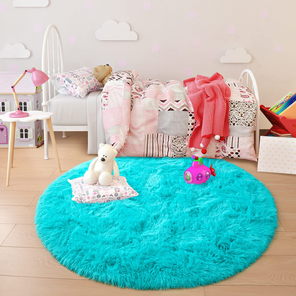 Junovo Round Rug 6X6 Feet Fluffy Soft Area Rugs For Kids Girls Room Princess Castle Plush Shaggy Carpet Cute Circle Nursery Rug