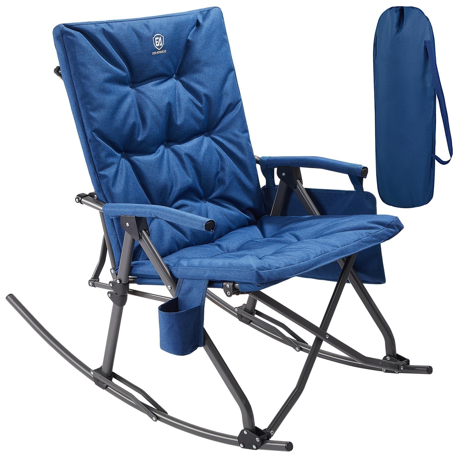 Ever Advanced Oversized Folding Rocking Camping Chair, Padded Portable Rocker Chair For Patio, Lawn And Outdoors, Heavy Duty Hard Armchair For Adults Supports 400Lbs, Blue