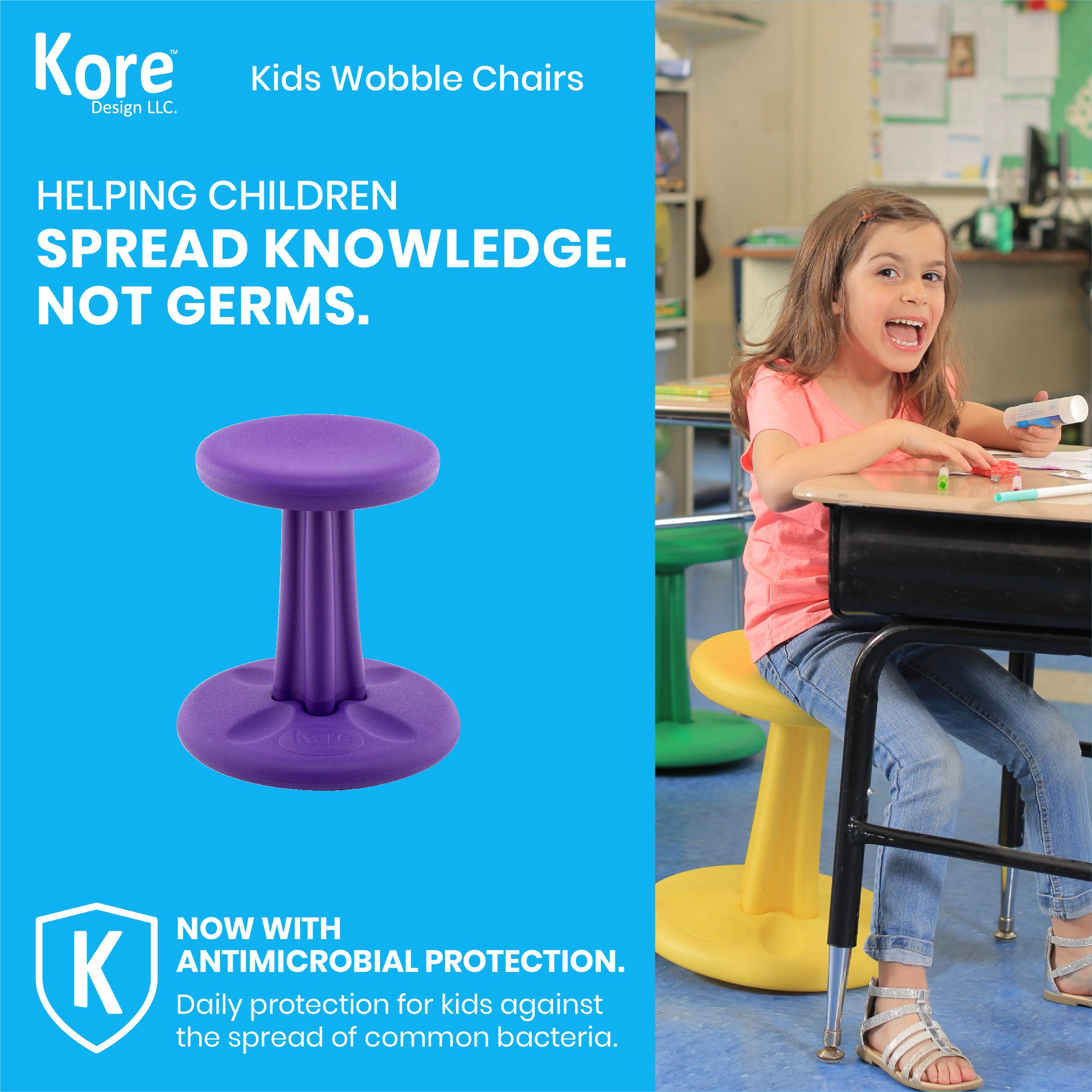 KORE DESIGN Wobble Stool Chair, Girls + Boys Kid Desk Stools, Ergonomic Small Office Chairs, Flexible Seating for Active Kids, ADD/ADHD, Classroom, School, Home, Pre-Teen (18.7in) Age 10-11 yr, Purple