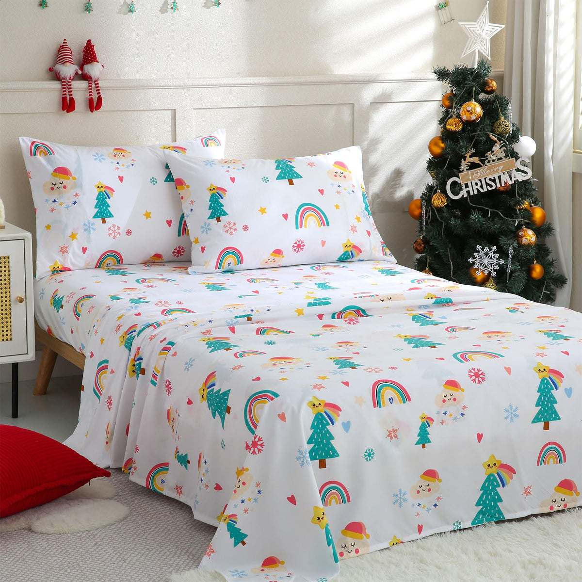 Jsd Rainbow Christmas Tree Kids Sheet Set Twin Size, 3 Piece Cute Cloud Microfiber Sheets Deep Pocket