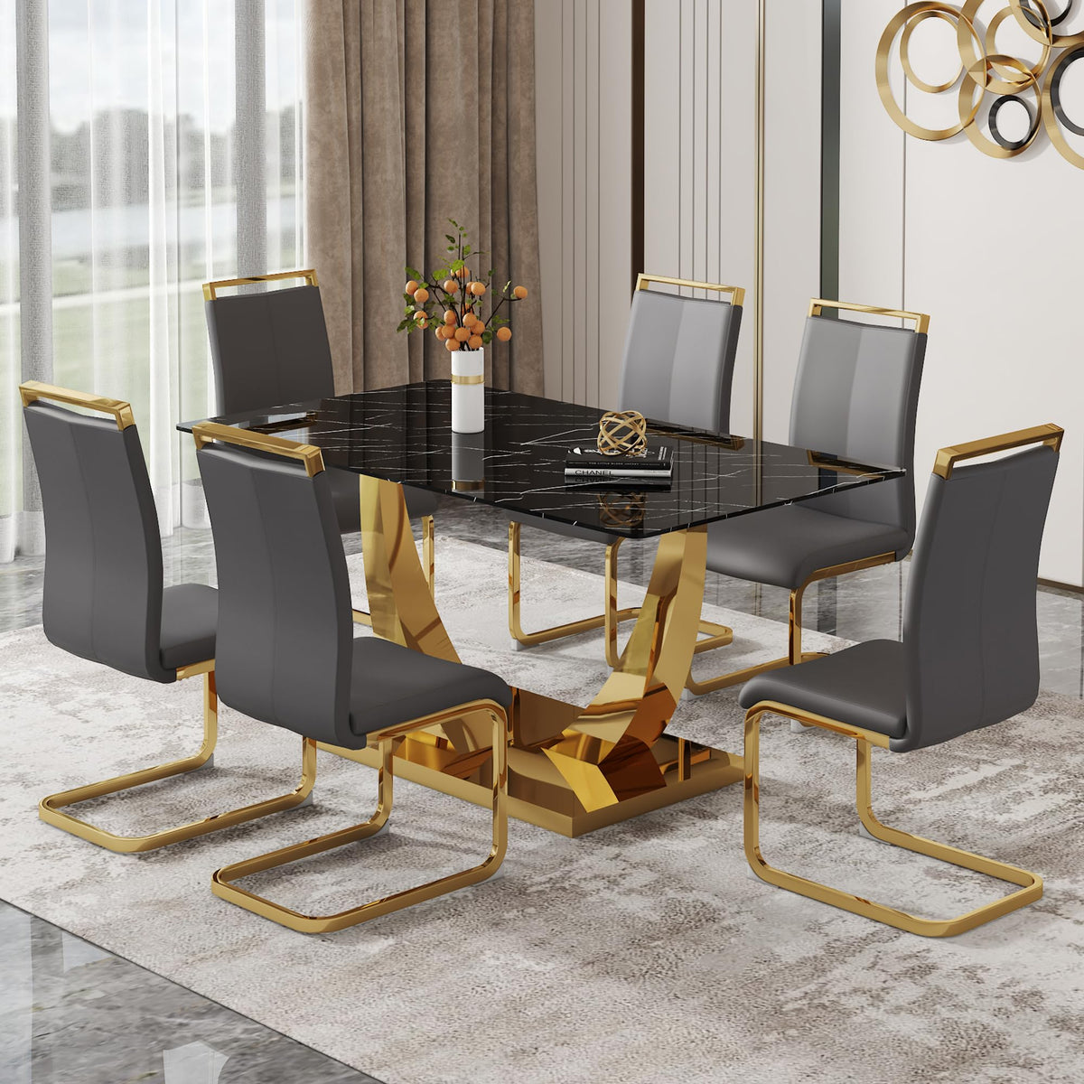 63    Dining Room Table Set For 6,Modern Gold Dining Table Set For 6, Rectangle Kitchen Table Set With Pu Leather Chairs,Black F