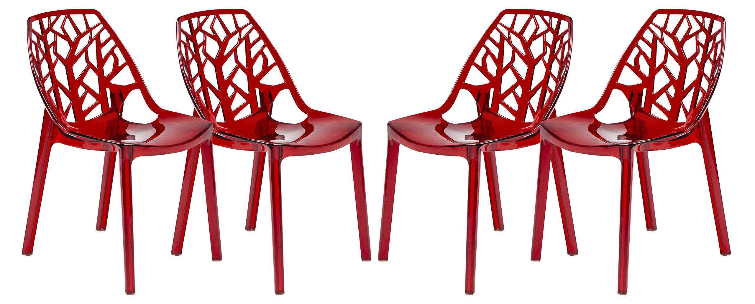 LeisureMod Transparent Red Modern Dining Chairs Set of 4 - Cut-Out Tree Design Stackable Side Chairs