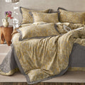 Mixinni Duvet Cover King, Premium Cotton Double-Layer Yarn Golden Floral Jacquard Reversible Grey Comforter Cover With Edge Desi