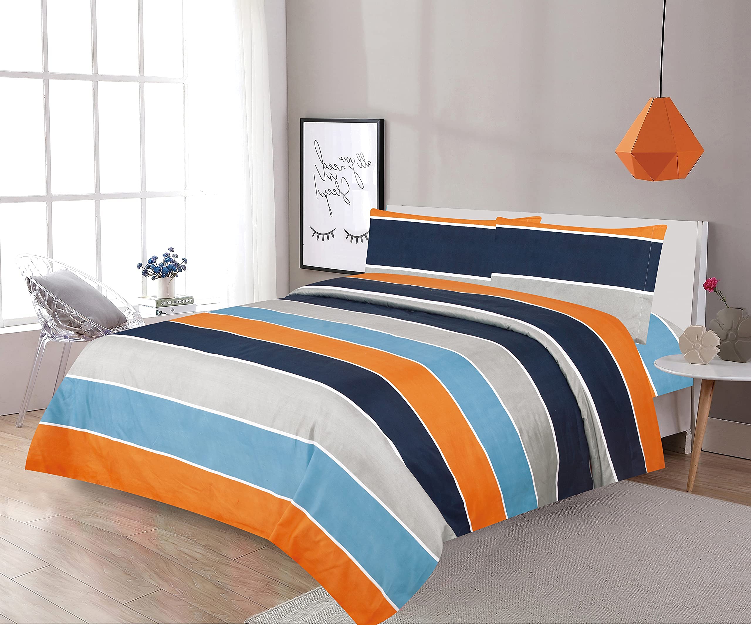 Linentopia Three (3)-Piece Twin Size Print Sheet Set With Fitted, Flat And 1 Pillow Case, Blue Orange Gray Stripes Print Multico