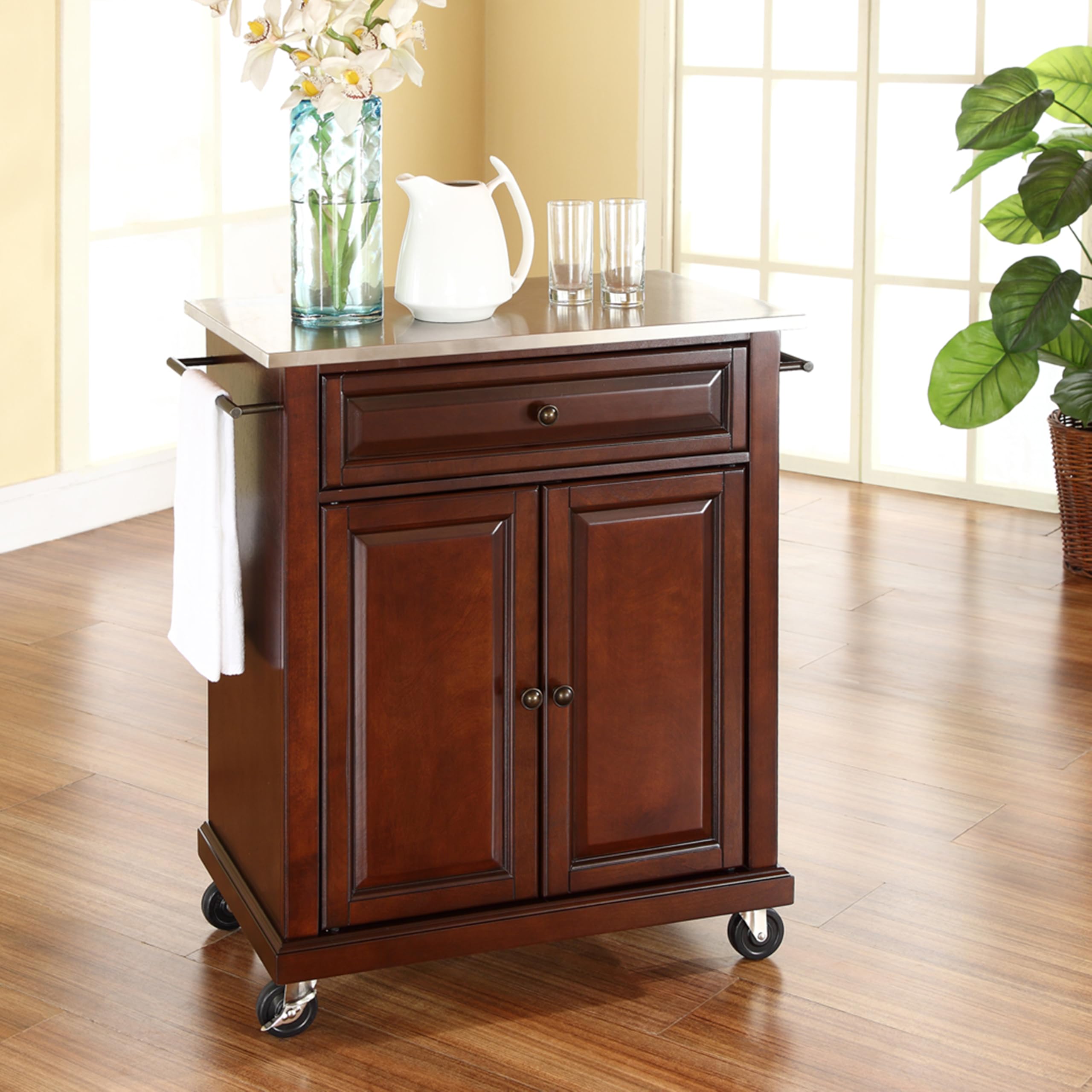 Crosley Furniture Compact Stainless Steel Top Rolling Cart with Shelves, Microwave Stand with Towel Rack, Mahogany