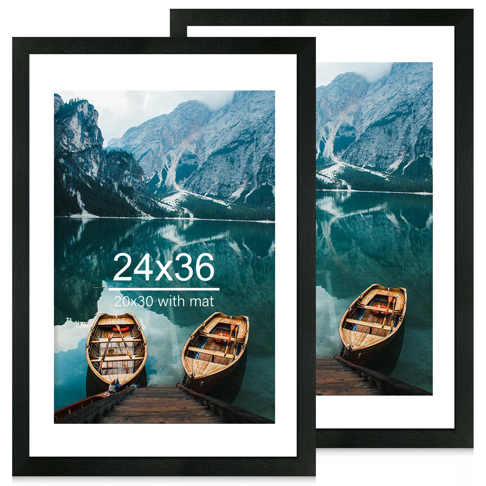 Hongkee 24x36 Poster Frame Set of 2, Rustic Black Wood Style - Display 24 x 36 Poster without Mat or 20x30 Picture with Mat, Wal