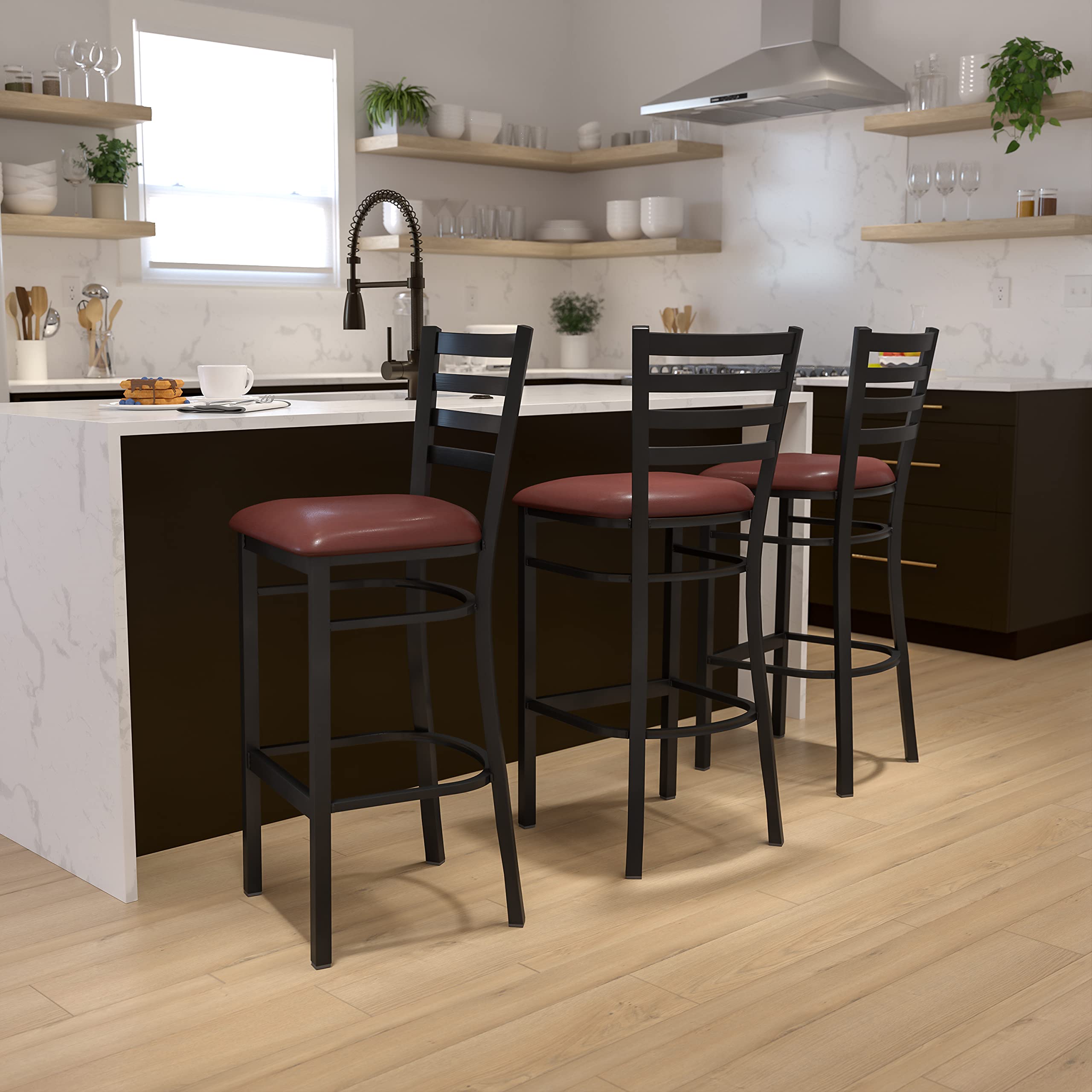 Flash Furniture HERCULES Series Black Ladder Back Metal Restaurant Barstool - Burgundy Vinyl Seat