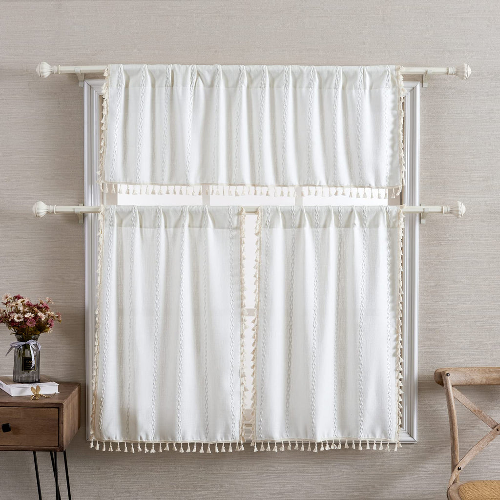 Roomtalks White Boho Kitchen Valances For Windows Rod Pocket 18?L X 52?W Embroidered French Striped Modern Farmhouse Chic Textured Tassel Curtain Valances For Bathroom Living Room Bohemian Decor