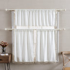 Roomtalks White Boho Kitchen Valances For Windows Rod Pocket 18?L X 52?W Embroidered French Striped Modern Farmhouse Chic Textured Tassel Curtain Valances For Bathroom Living Room Bohemian Decor