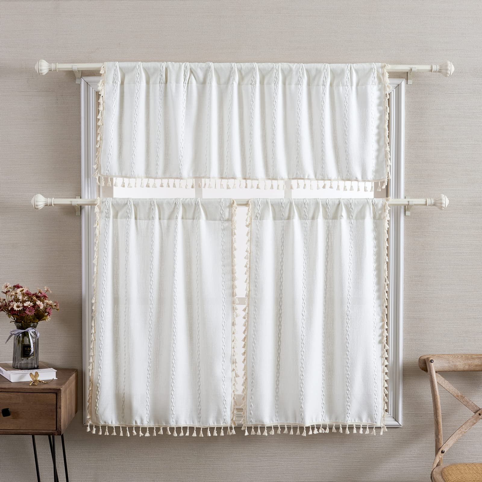 Roomtalks White Boho Kitchen Valances For Windows Rod Pocket 18?L X 52?W Embroidered French Striped Modern Farmhouse Chic Textured Tassel Curtain Valances For Bathroom Living Room Bohemian Decor