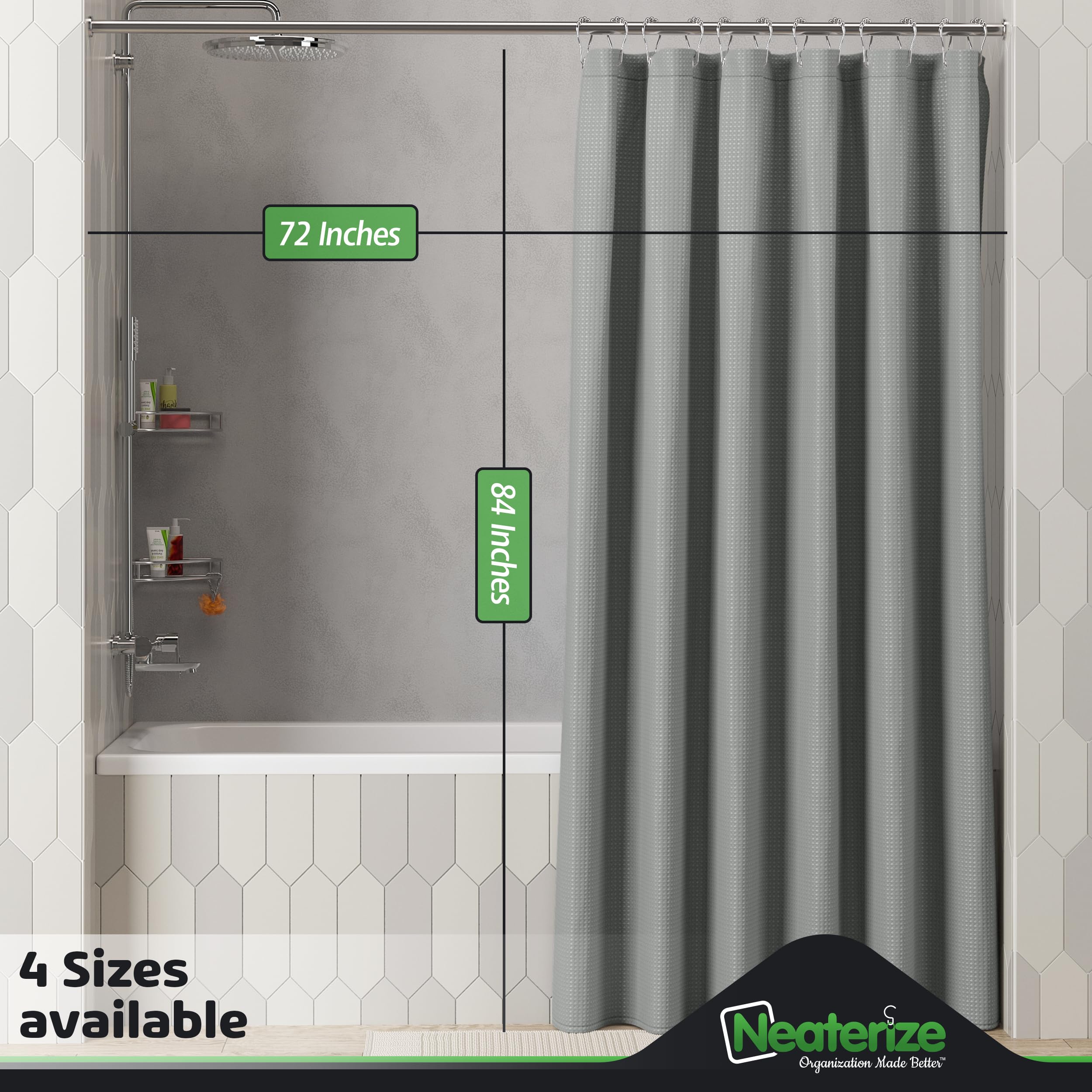 Neaterize Shower Curtain Grey - Hotel Style Grey Shower Curtains For Bathroom With Waffle Design, 72X84 Inches - Fabric Shower C