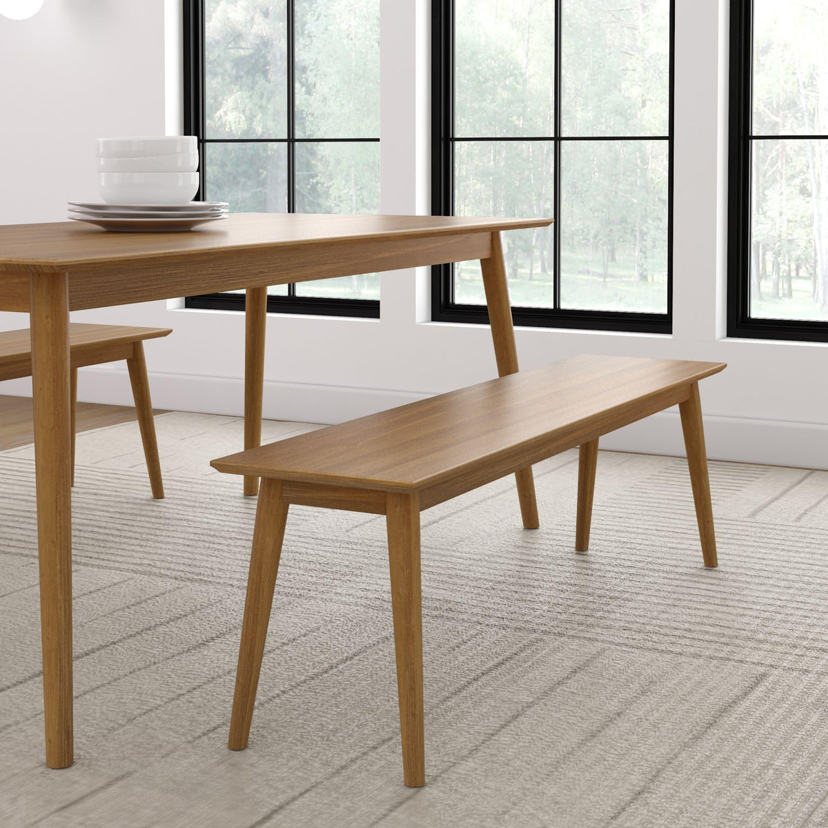 Plank+Beam 59 Inch Mid Century Modern Dining Bench, Wooden Bench For Dining Room, Modern Entryway Bench, Dining Room Bench, Peca