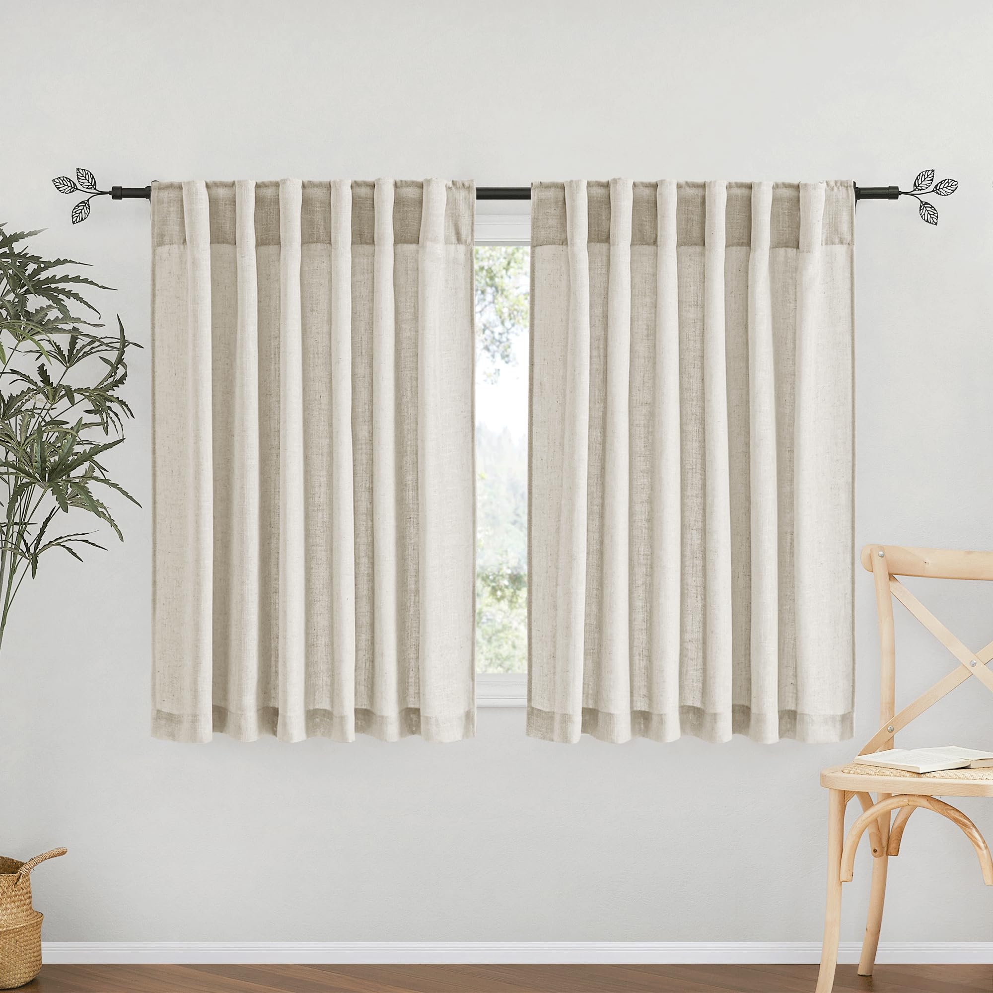 Ryb Home Sheer Curtains For Cafe - Linen Textured Wave Pattern Semi Sheer Curtains For Living Room Dining Kids Nursery Morden Wi