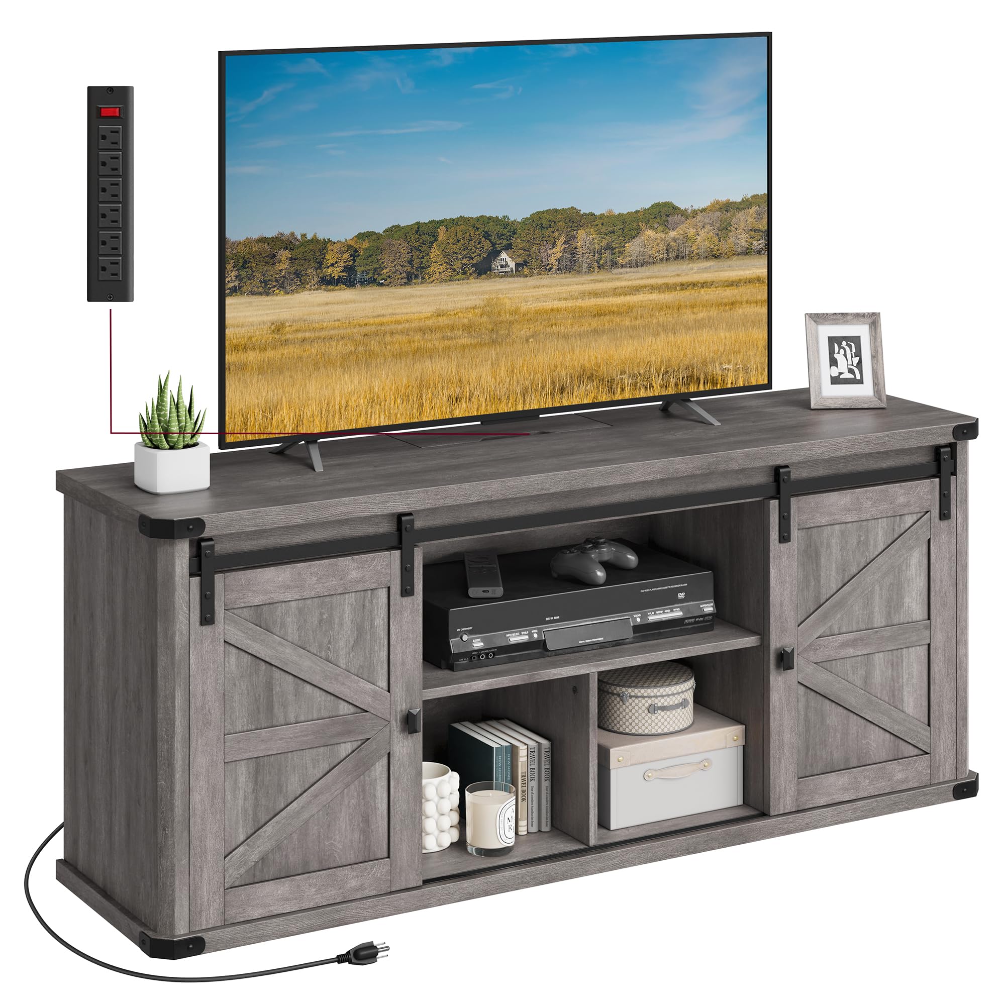 Vasagle Tv Stand For Tvs Up To 65 Inches, Farmhouse Entertainment Center With Sliding Barn Doors, Tv Console Table For Living Room, Misty Gray Ultv324G68