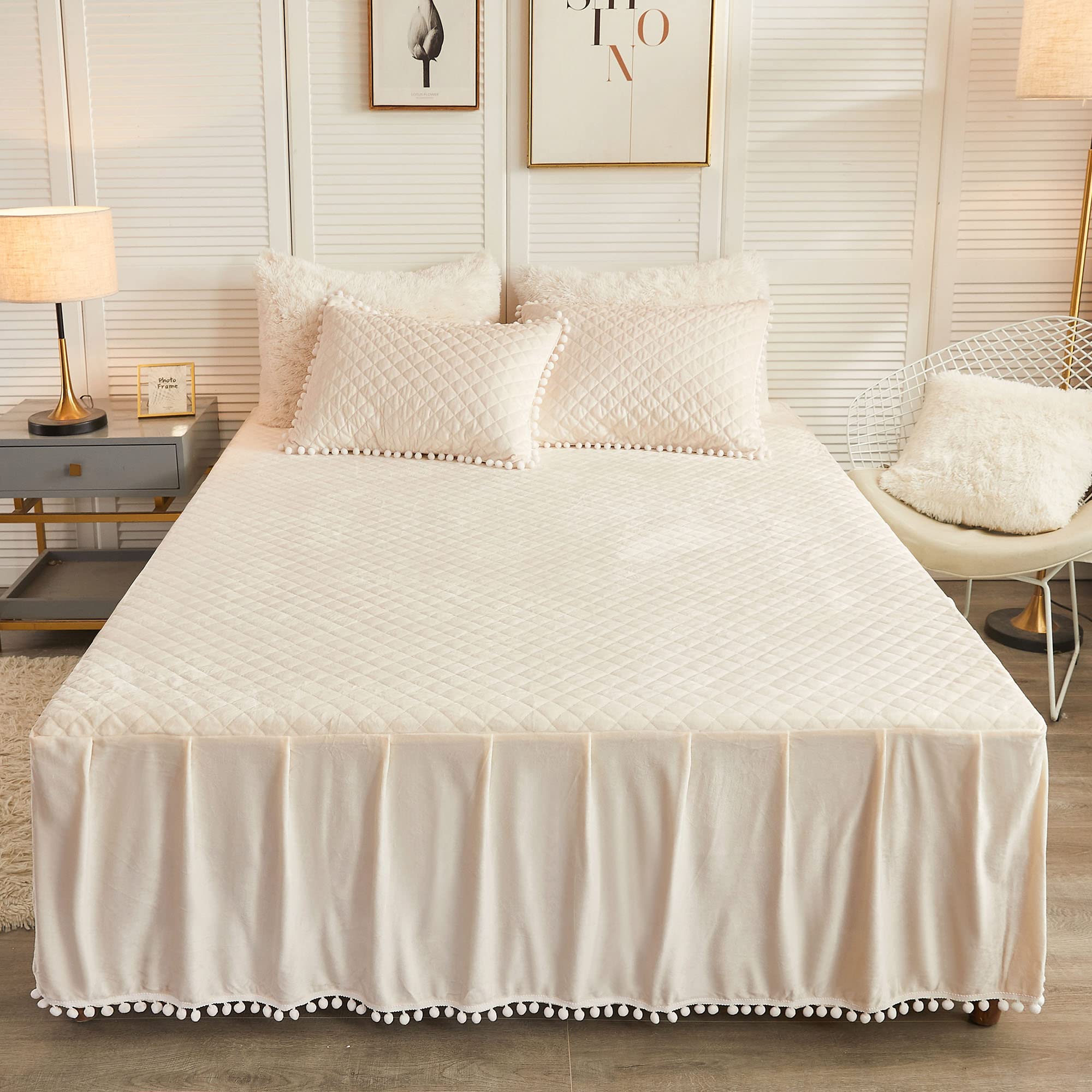 Liferevo Luxury Pom Poms Velvet Bed Skirt, Velvet Wrap Around Bed Skirt, Ivory Quilted Fitted Bed Sheet With Bedskirt, 18 Inch D