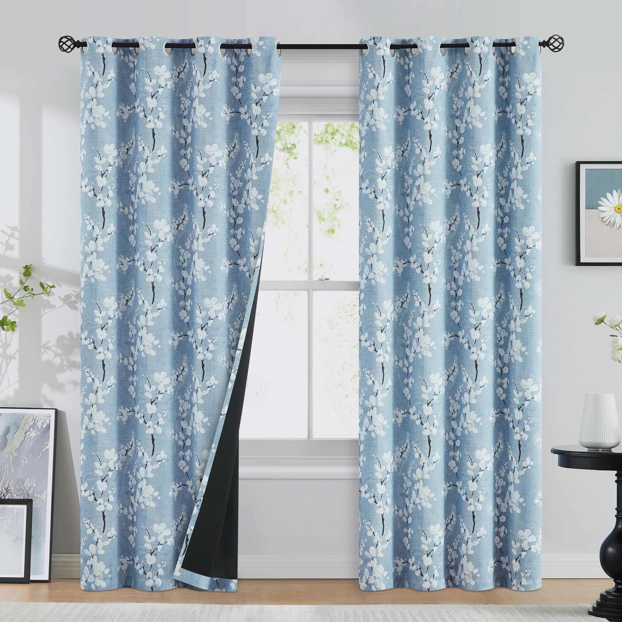 FMFUNCTEX 100% Blackout Floral Curtains for Bedroom, Blue Curtains 96 inches Long Blossom Flower Patterned for Living Room,Therm