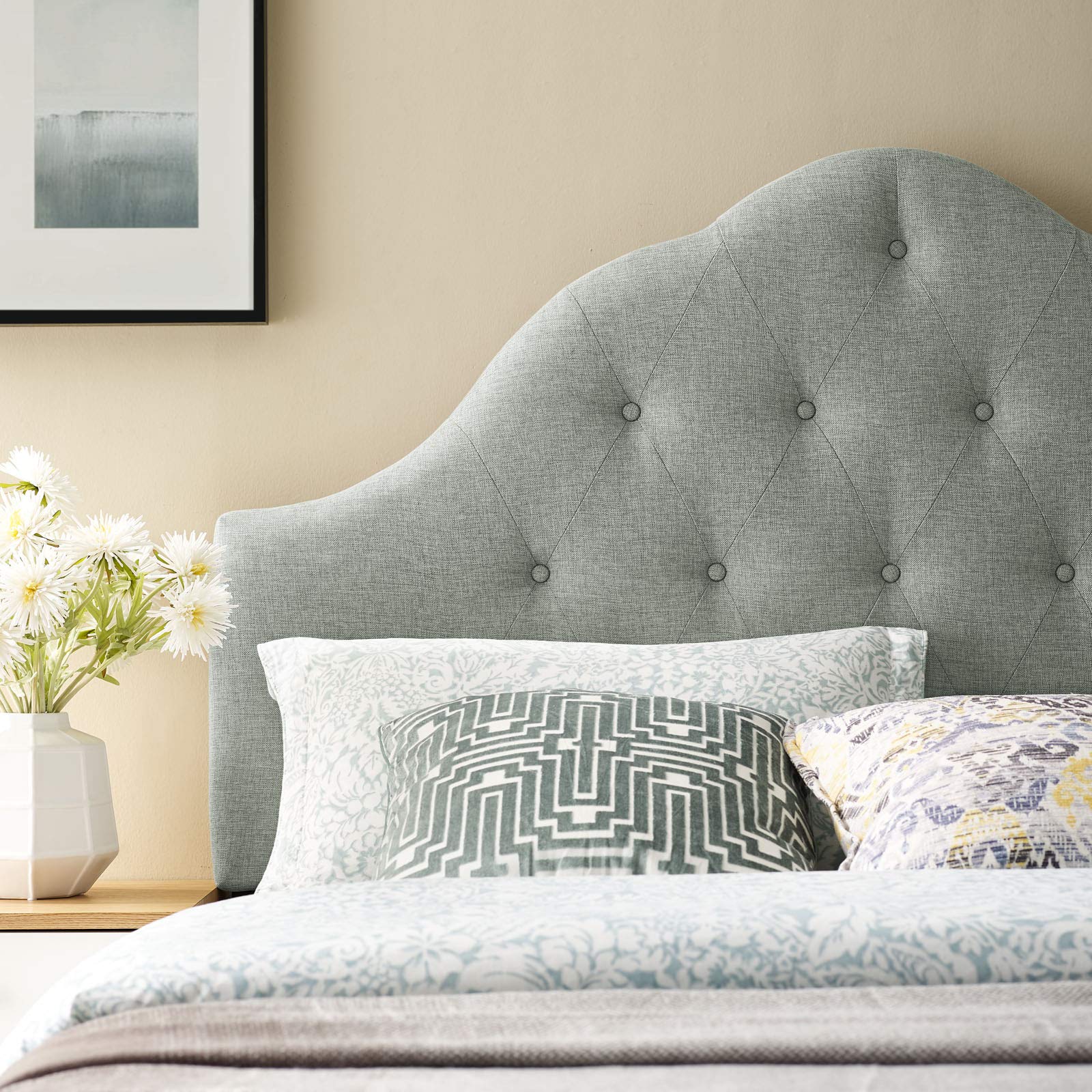 Modway Sovereign Tufted Button Linen Fabric Upholstered Queen Headboard in Gray