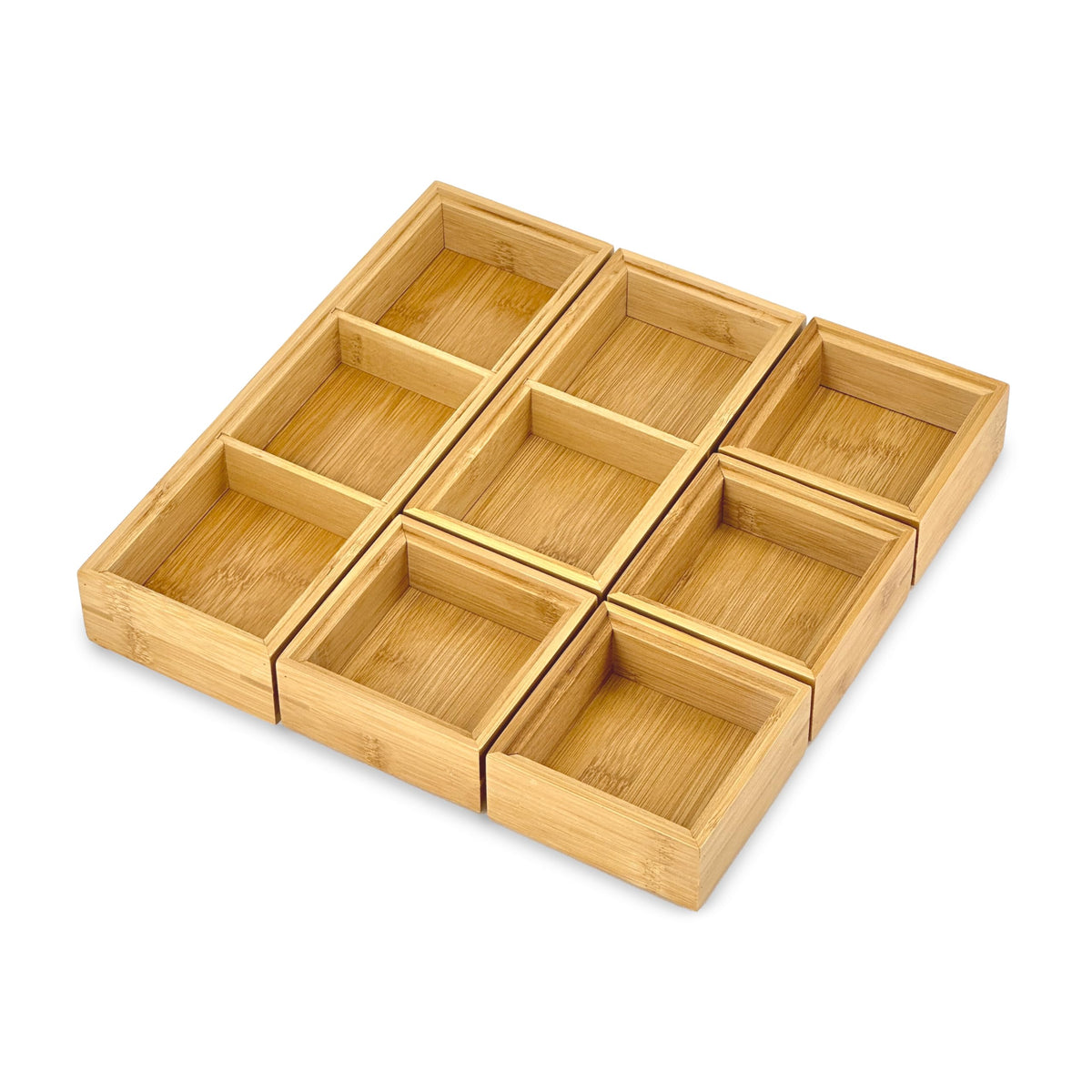 Bam & Boo - 6-Pieces Stackable Natural Bamboo Desk Drawer Organizer Trays & Storage Bins (Multi Size) - for Office, Kitchen, Dre