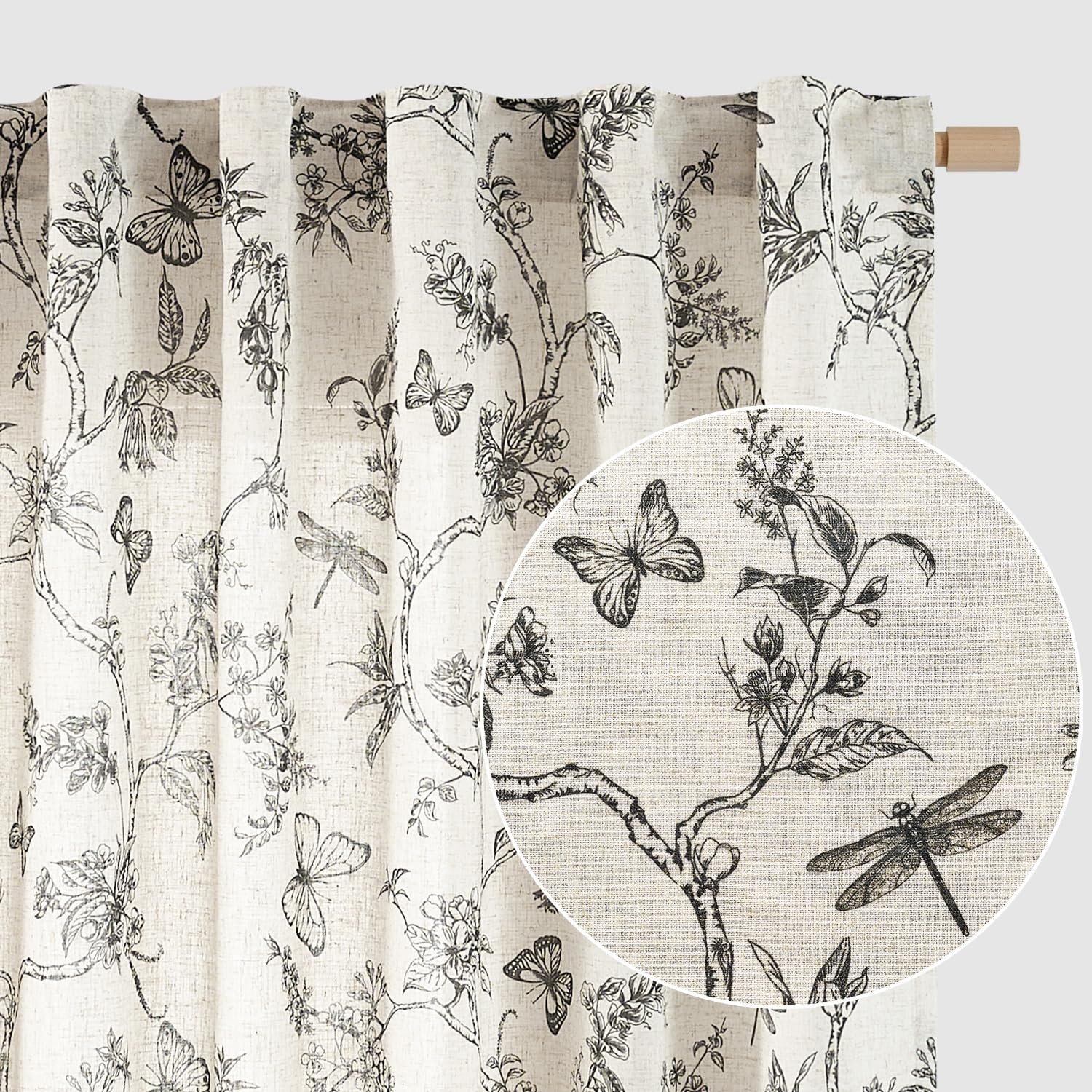 Lazzzy Linen Farmhouse Curtains Black Floral Curtains 63 Inch Length Back Tab Drapes for Living Room Bedroom Light Filtering Cou