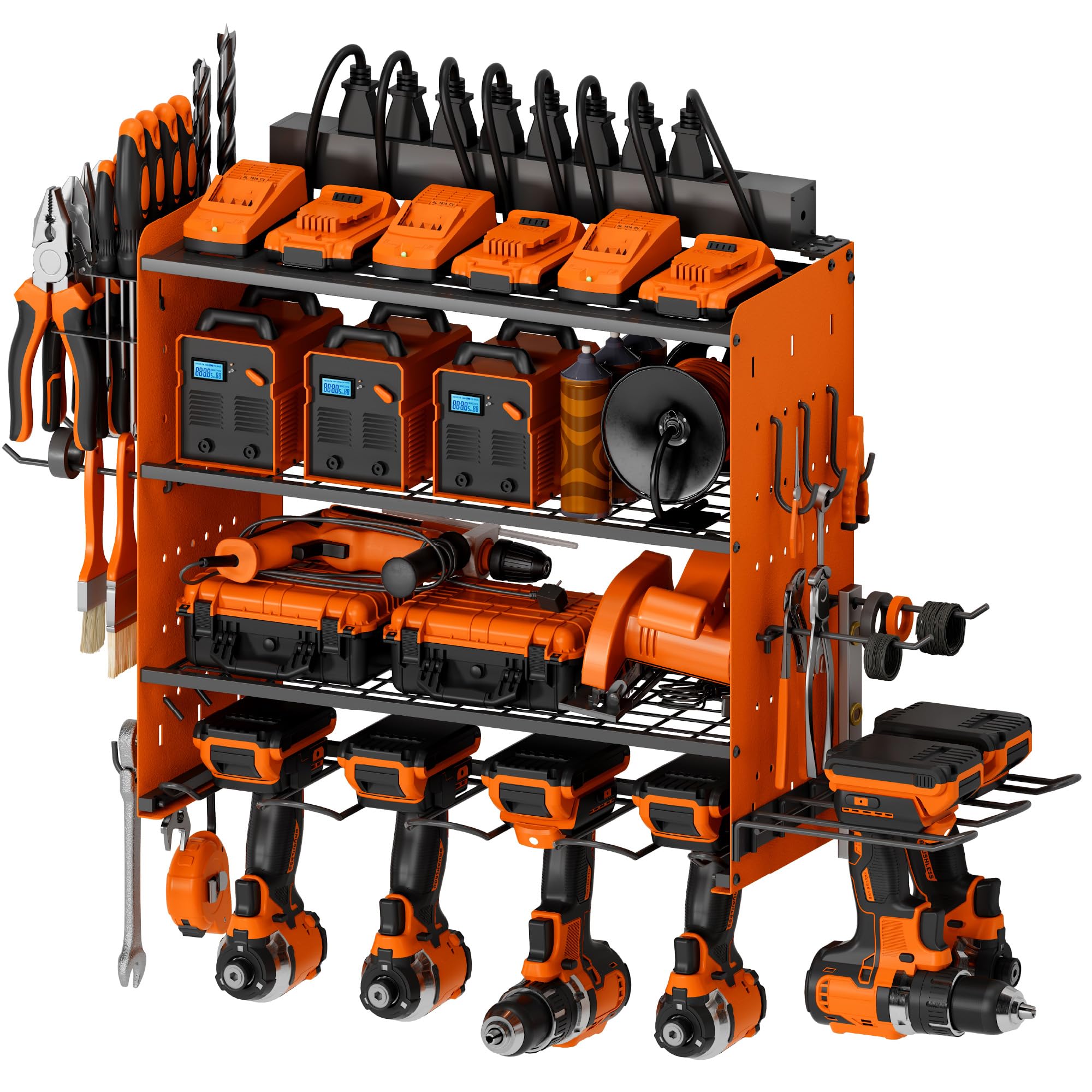 Sttoraboks Modular Power Tool Organizer With Charging Station, Wall Mount Garage Shelf Rack With Hooks For 6 Drills, 4-Layer Shelf, Heavy Duty Tool Battry Holder Built In 8 Outlet Power Strip, Orange